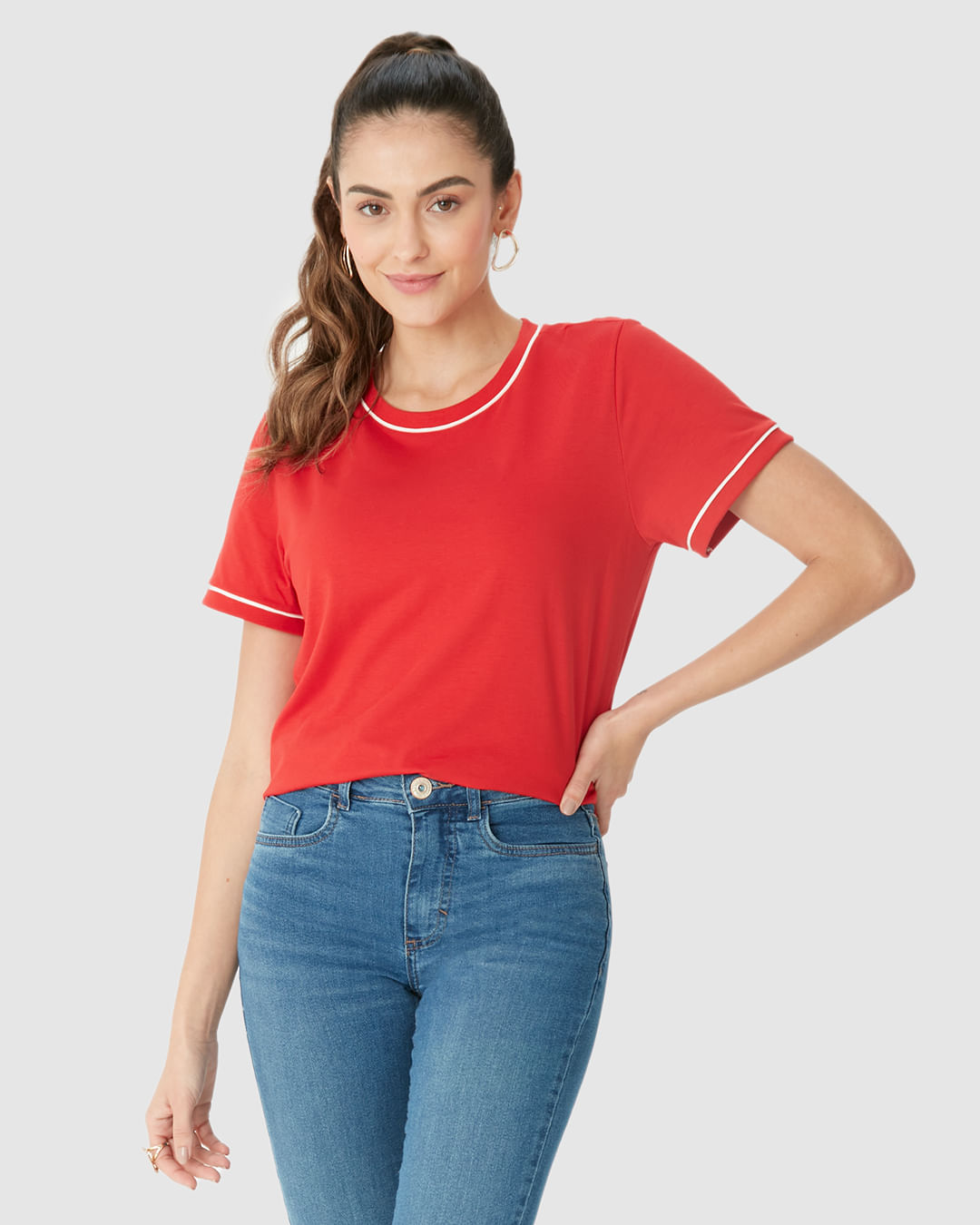 Blusa Básica Feminina Decote Redondo Costura Contraste Em Algodão - Imagem 21
