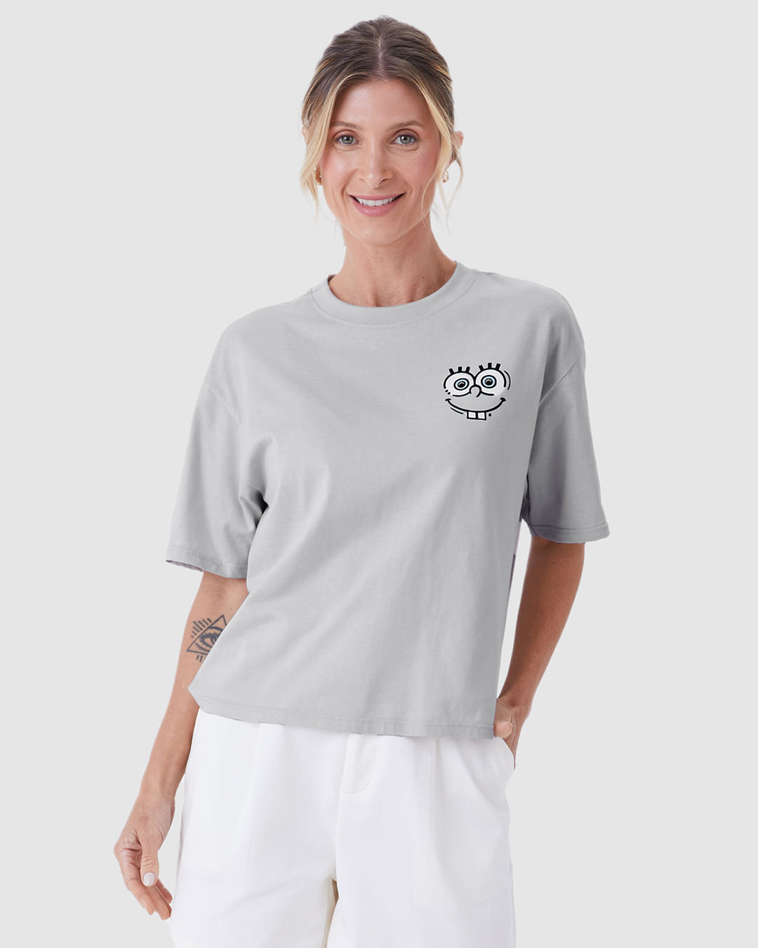 Camiseta Feminina Box Bob Esponja Em Algodão - Cinza - PP