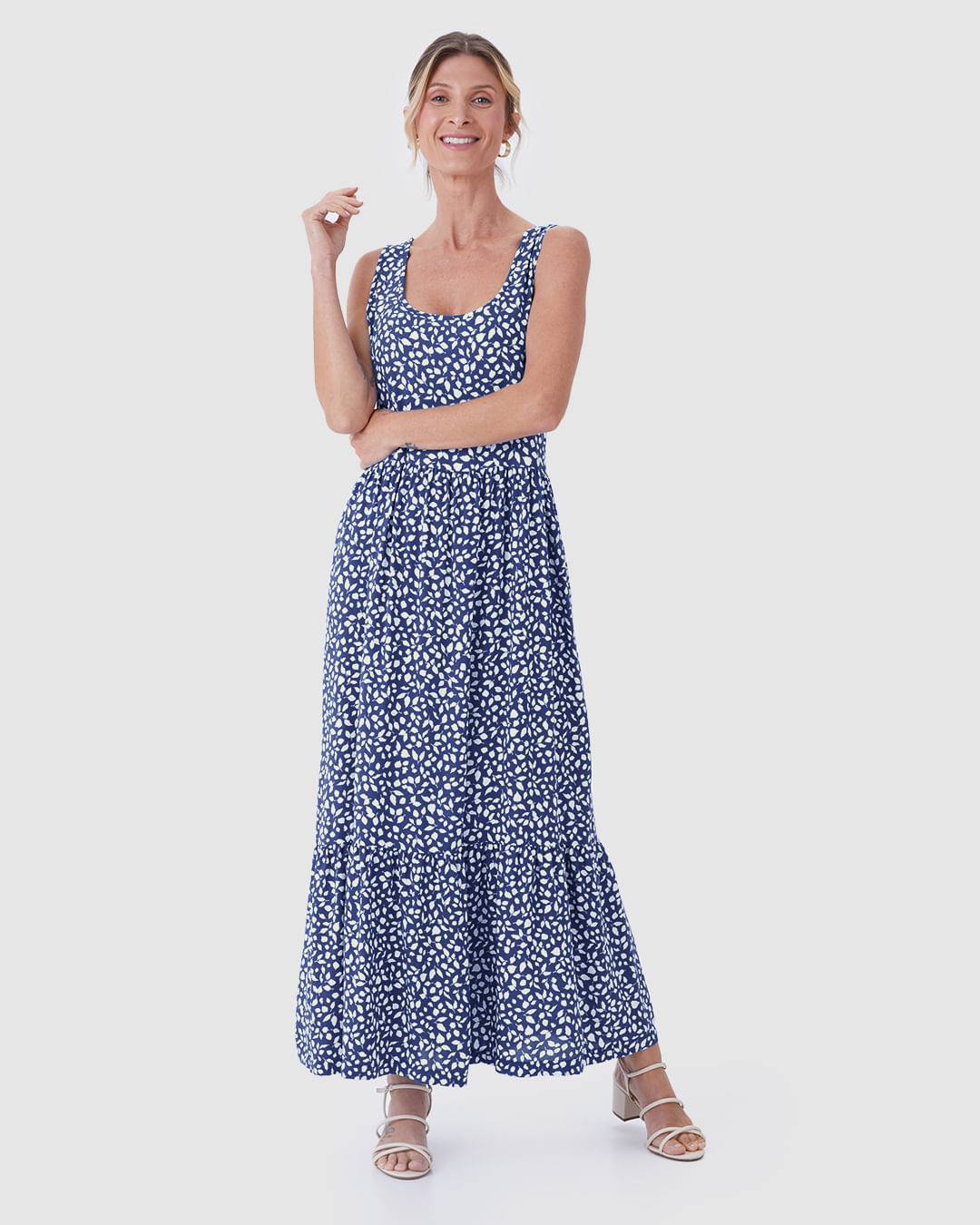 Vestido Midi Feminino Estampado Amplo Decote Quadrado Em Viscose