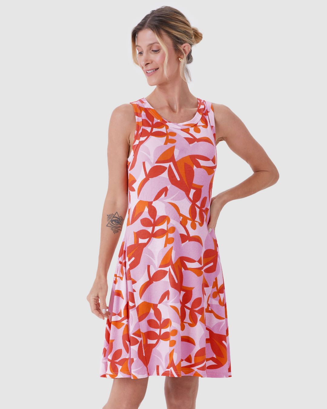 Vestido Feminino Evasê Sem Manga Estampa Folhagem Em Malha Viscose Canelada - Imagem 11