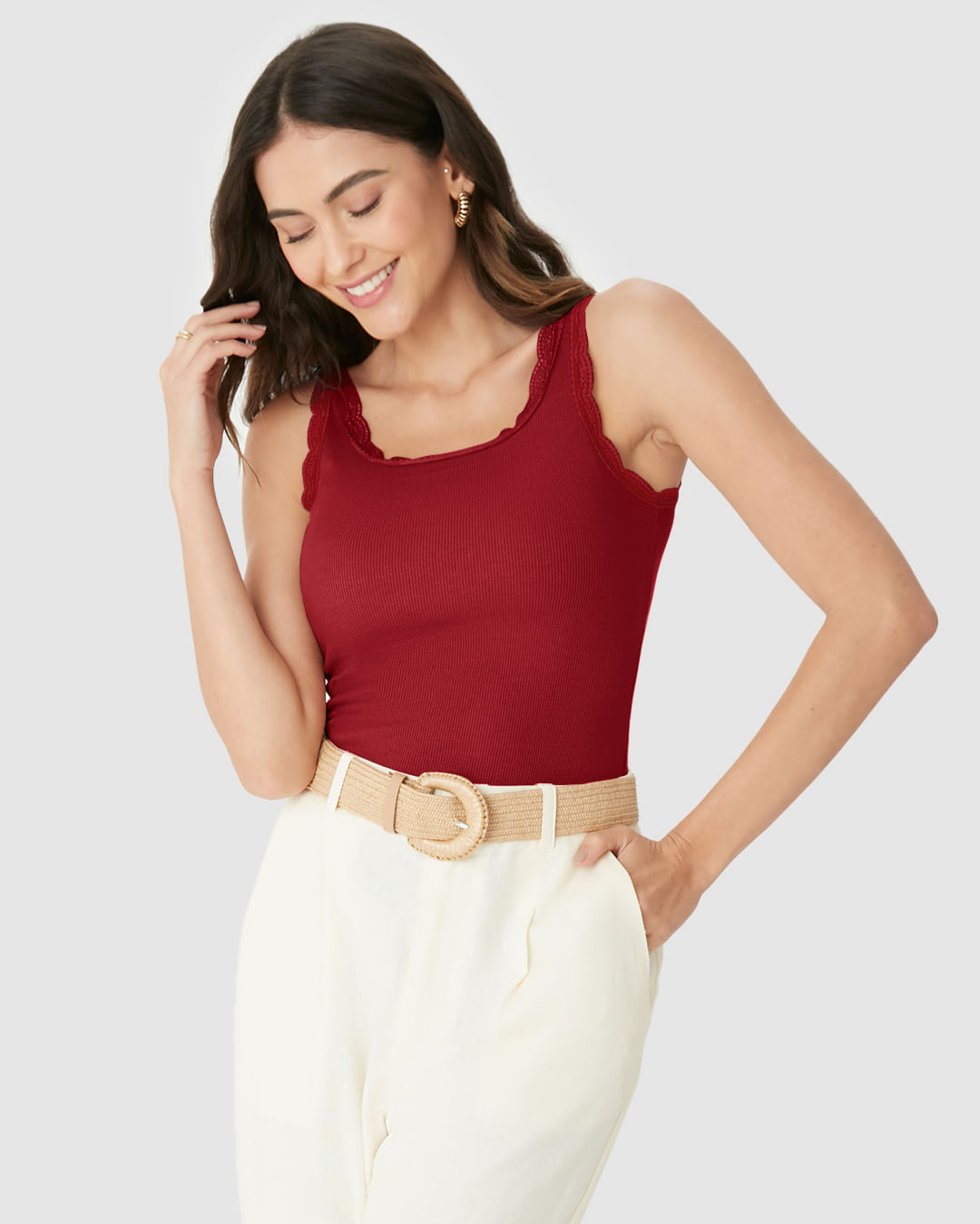 Regata Básica Feminina Detalhe Costura Renda Em Ribana - Imagem 16