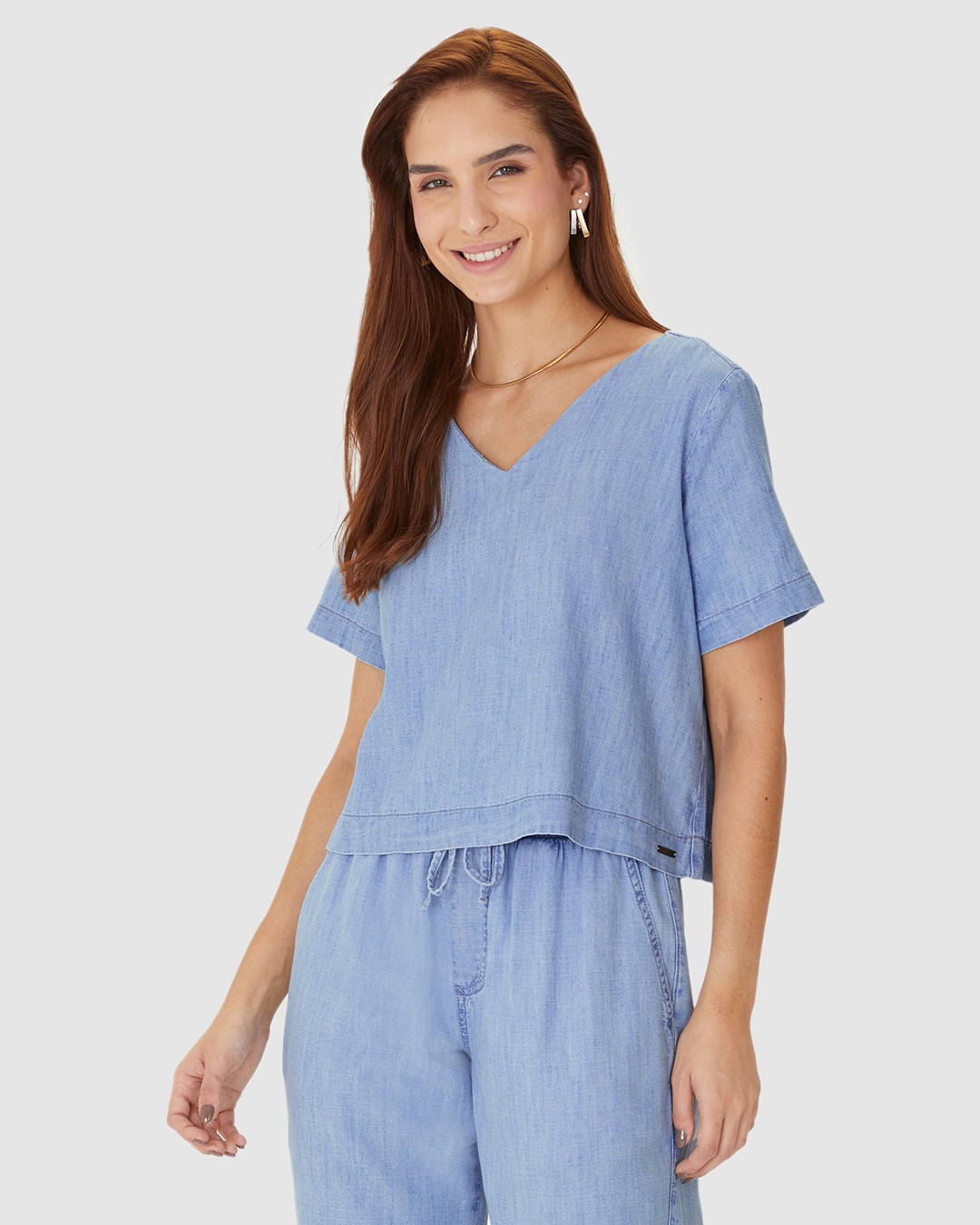 Blusa Box Feminina Decote V Manga Curta Em Jeans Leve - Imagem 16