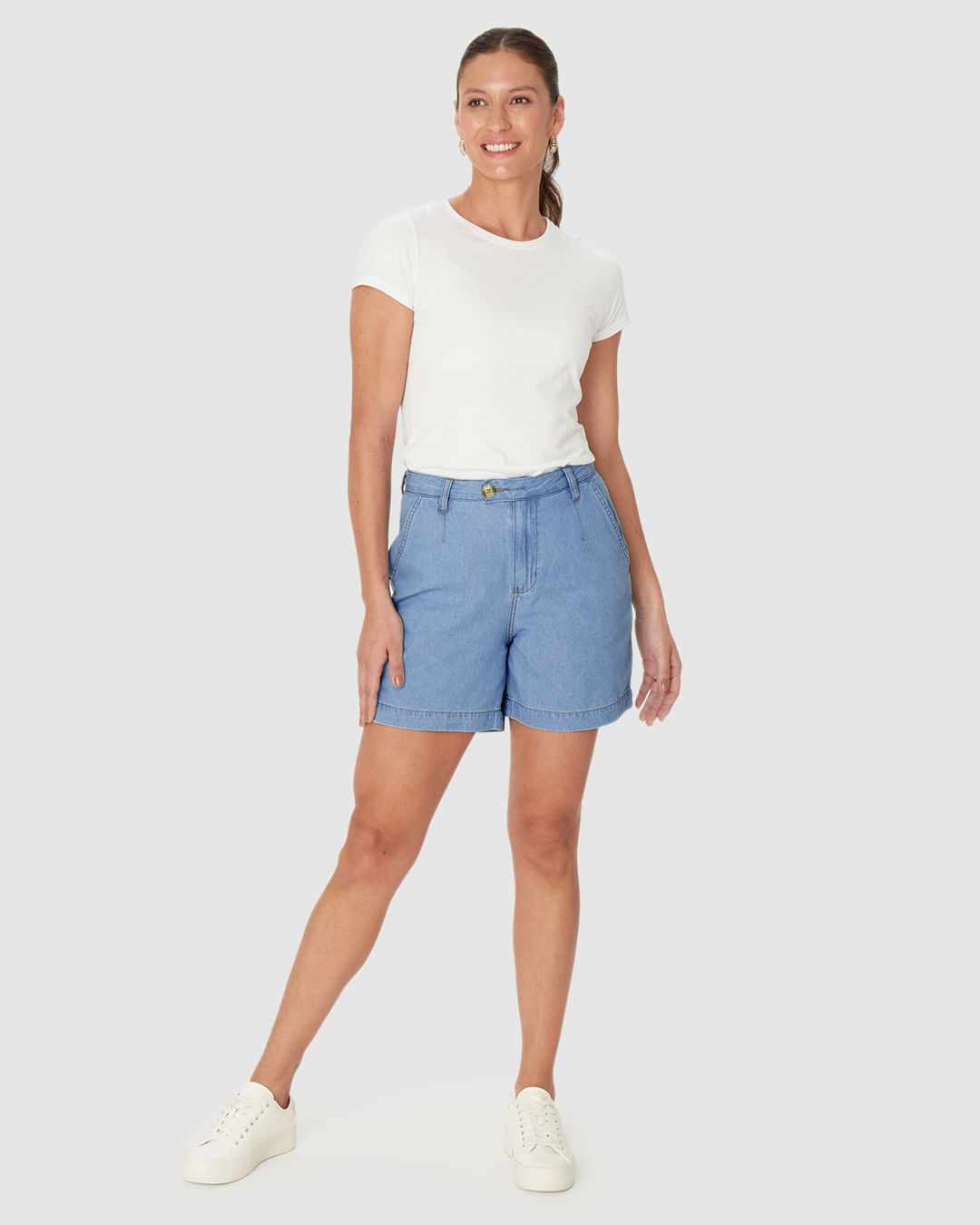 Bermuda Alfaiataria Feminina Abotoamento Interno Em Jeans 100% Algodão - Imagem 26