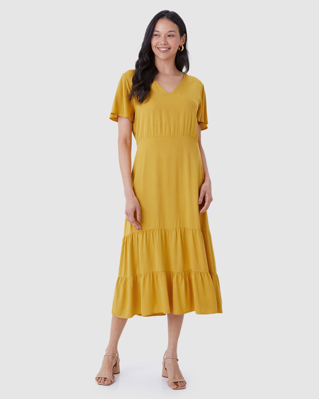 Vestido Midi Feminino Marias Acinturado Em Viscose Sarjada