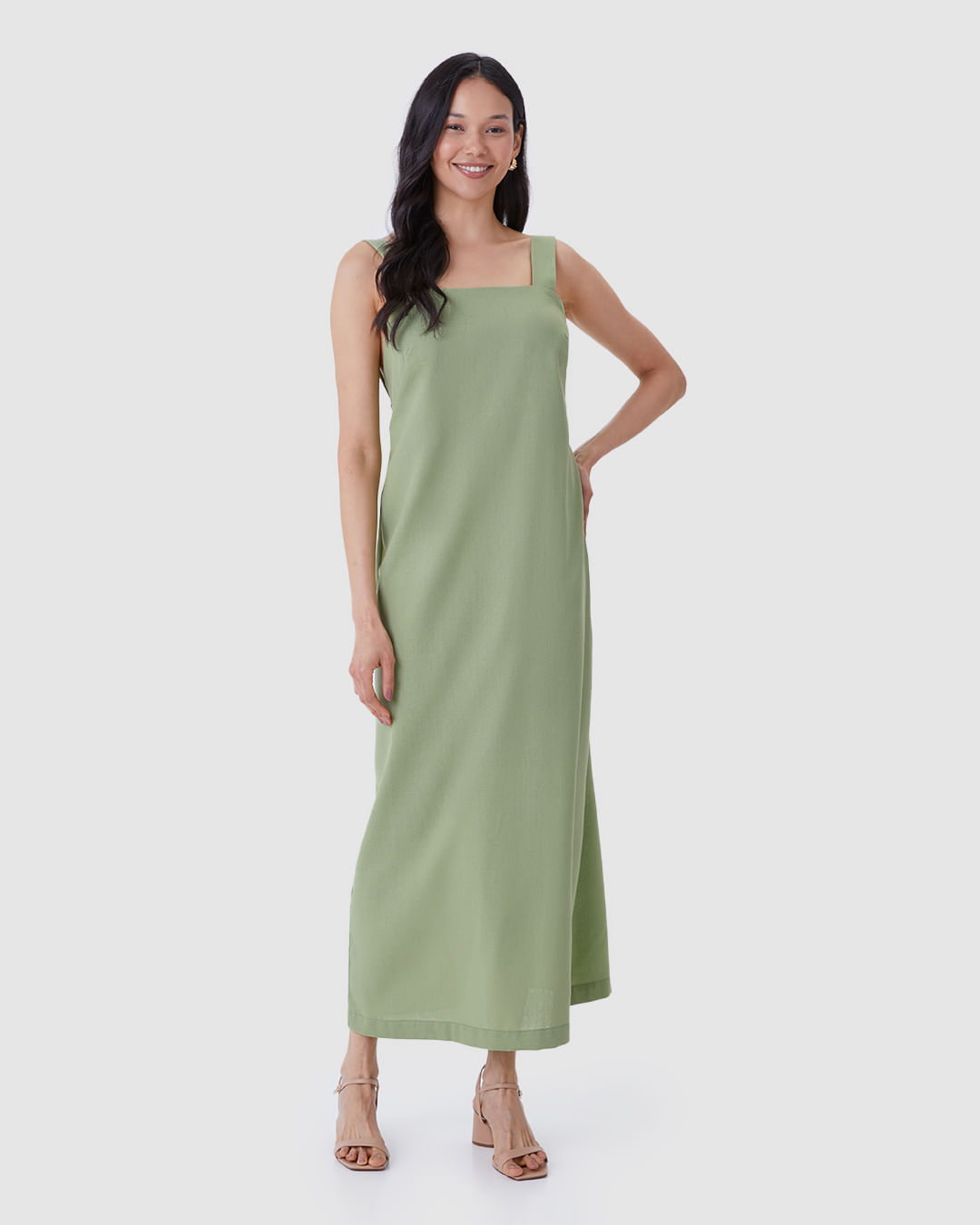 Vestido Midi Feminino Alça Com Aviamento Fenda Costas Em Viscolinho