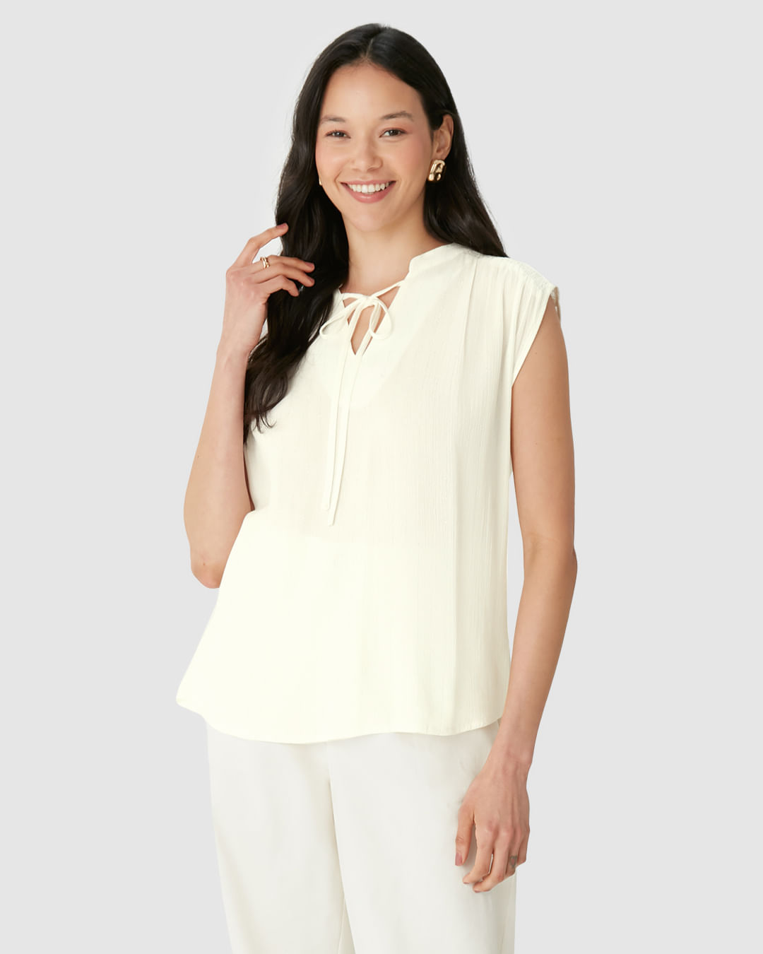 Blusa Bata Feminina Abertura Frontal Amarração Em Viscose Lurex - Off White - P