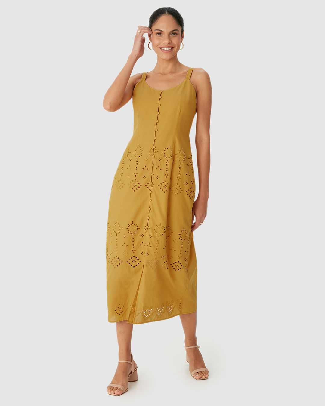 Vestido Midi Feminino Botões Frontais Detalhe Vazado Costas Em Laise Algodão - Imagem 11