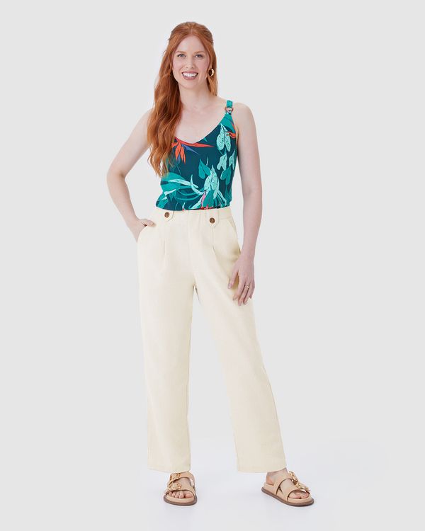 Calça Alfaiataria Feminina Cintura Alta Detalhe Botão Frontal Em Viscolinho Off White - G