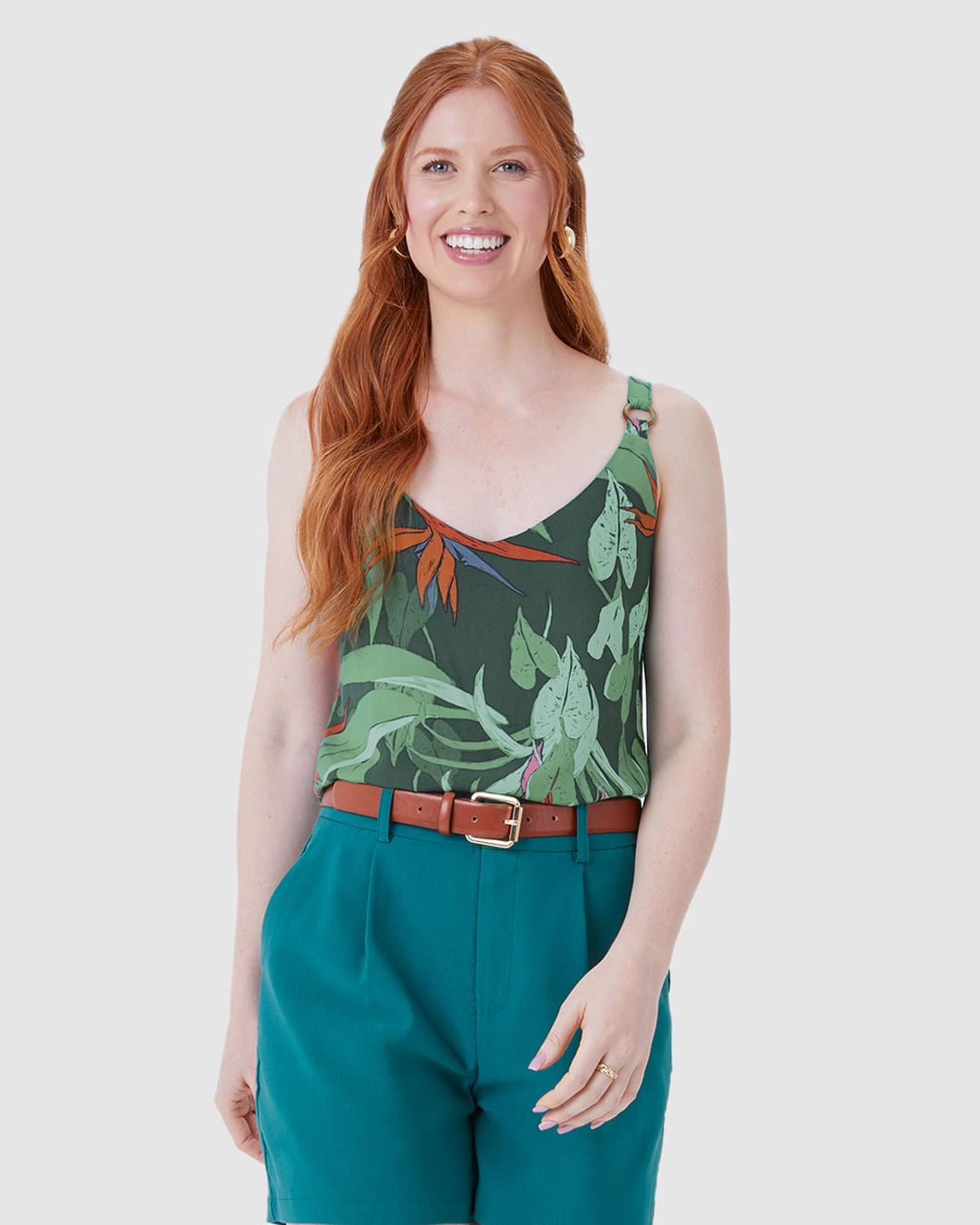 Regata Feminina Reta Decote V Alça Detalhe Argola Em Viscose