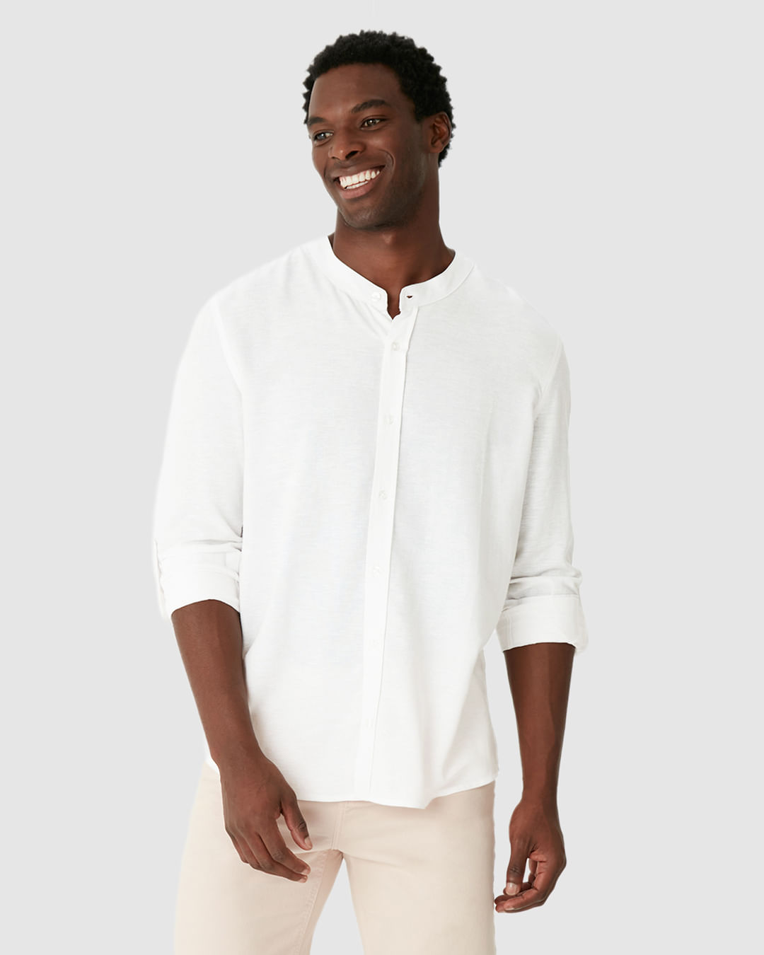 Camisa Masculina Regular Gola Padre Manga Longa Em Viscolinho