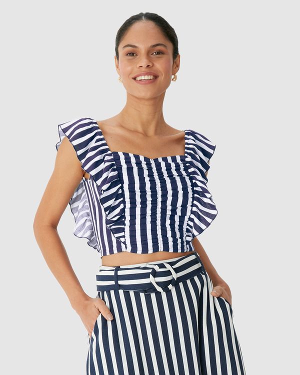 Regata Cropped Feminina Listrada Com Babados Em Viscolinho Azul - G