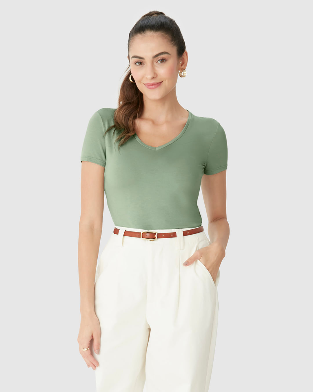 Blusa Básica Feminina Decote V Em Viscose Stretch - Imagem 6