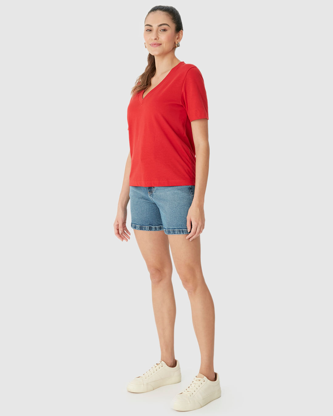 Blusa Básica Feminina Ampla Decote V Manga Curta Em Algodão - Imagem 12