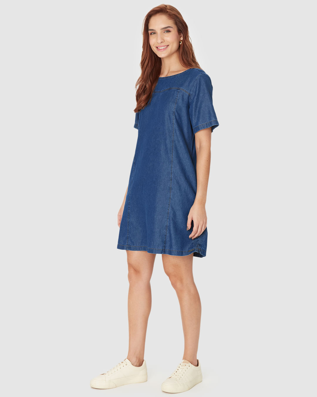 Vestido Feminino T-Shirt Detalhe Recortes Bolso Lateral Em Jeans Leve - Imagem 17