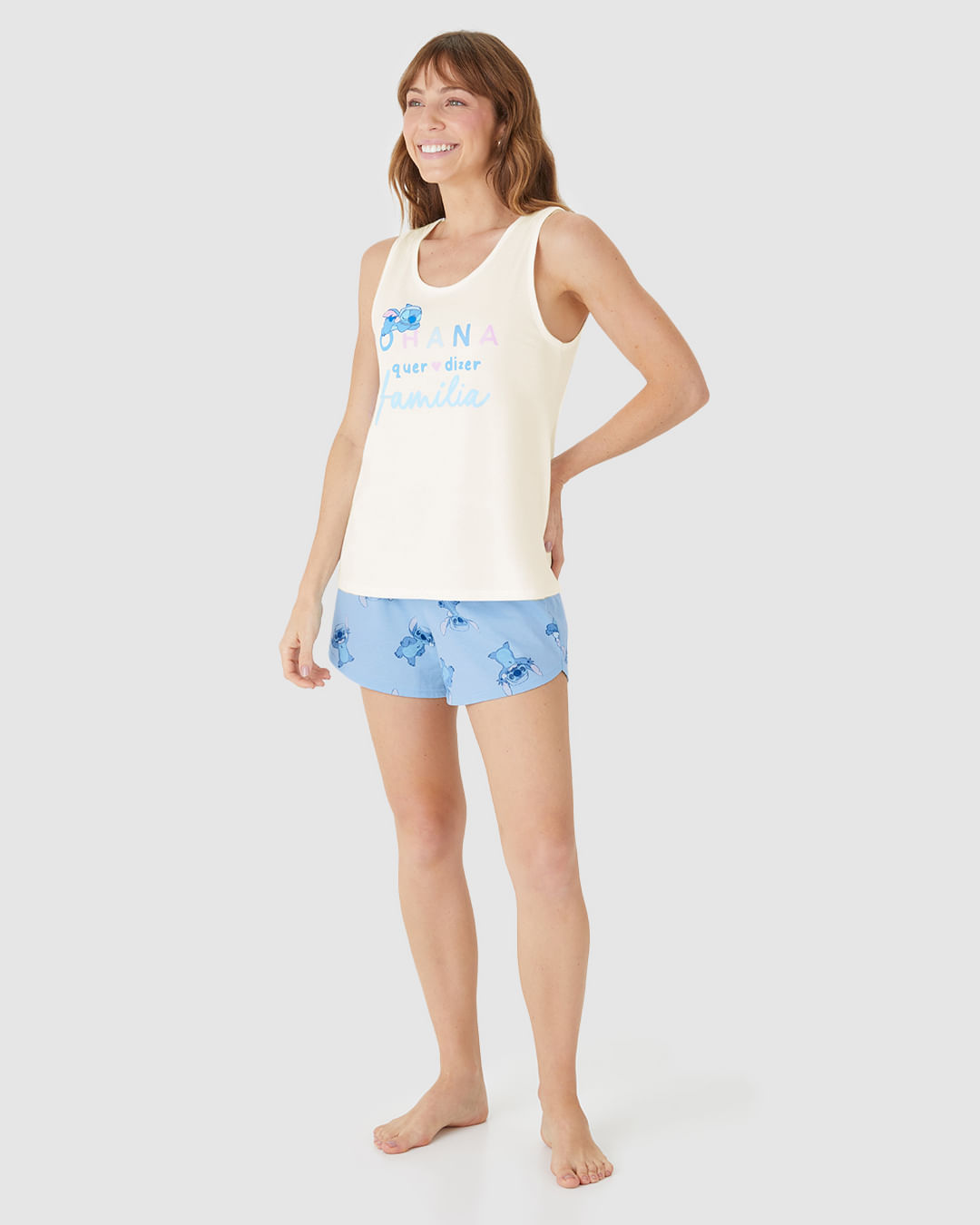 Pijama Curto Feminino Estampa Ohana Stitch E Angel Disney Em Algodão - Imagem 2