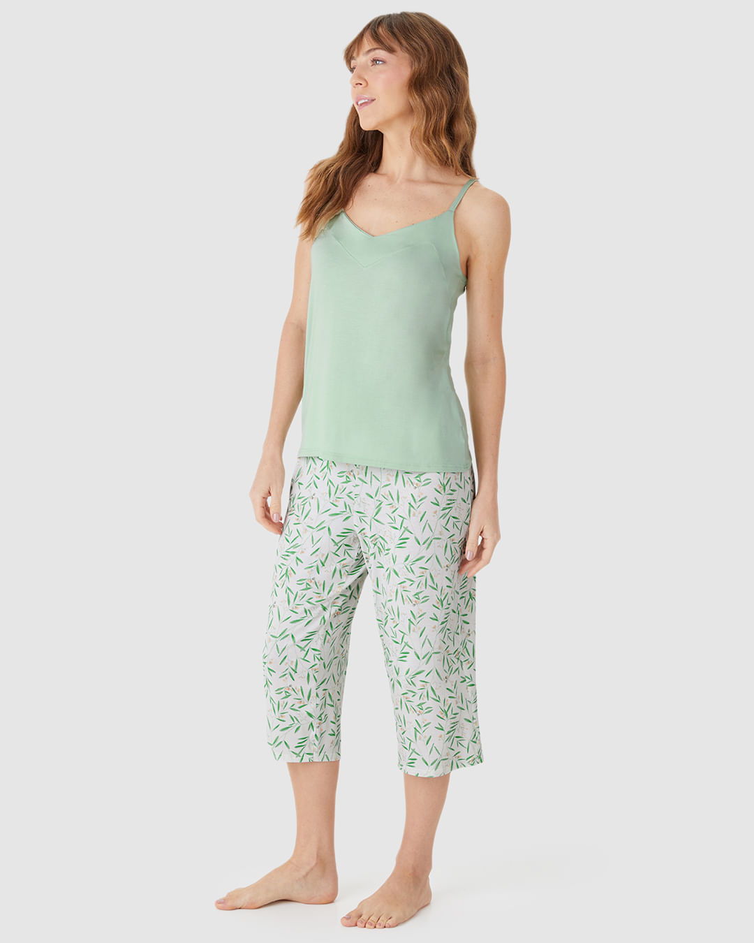 Pijama Longo Feminino Calça Capri Estampada Em Viscose Stretch - Imagem 2