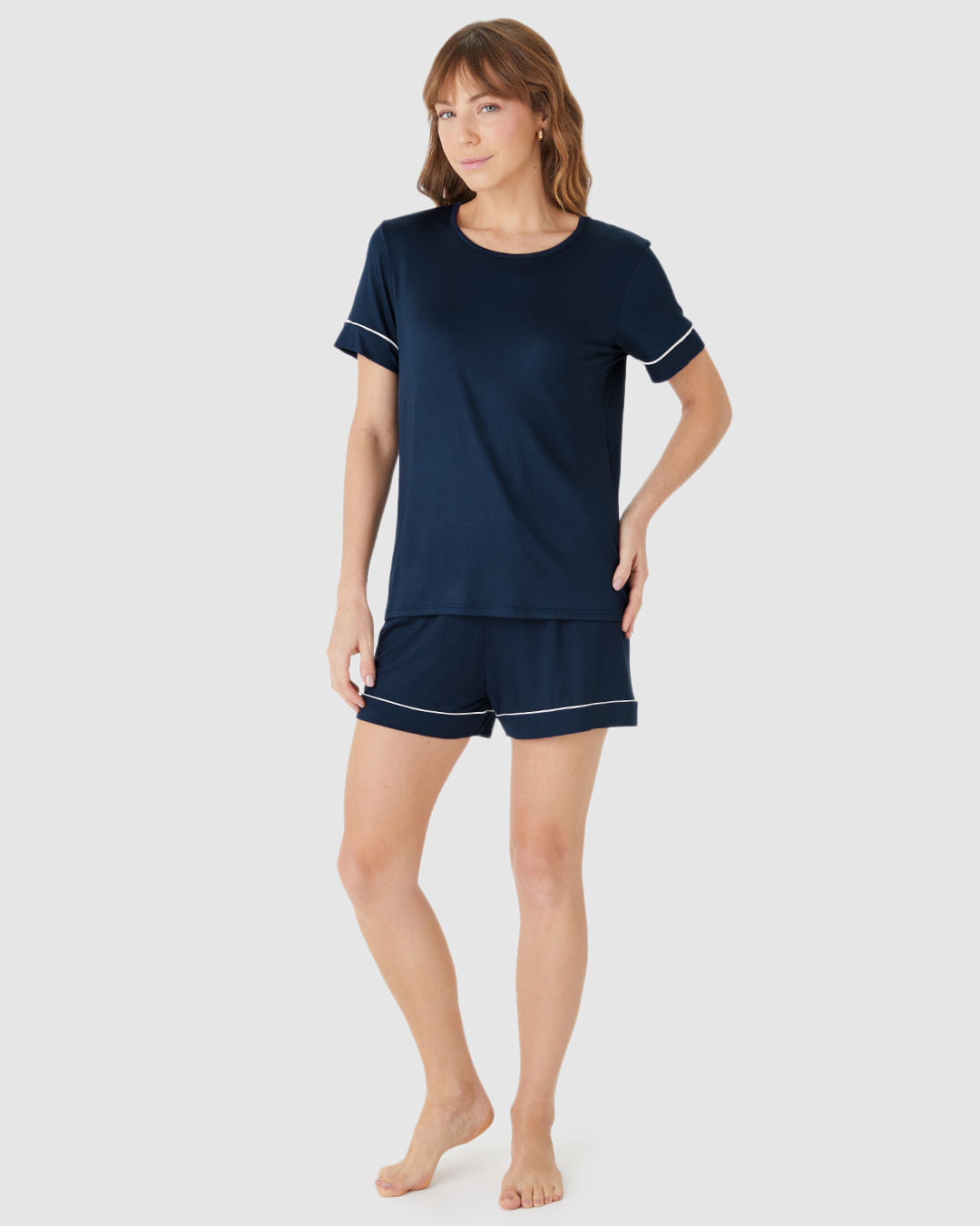 Pijama Curto Feminino Shorts Laço Decorativo Em Viscose Stretch - Imagem 2