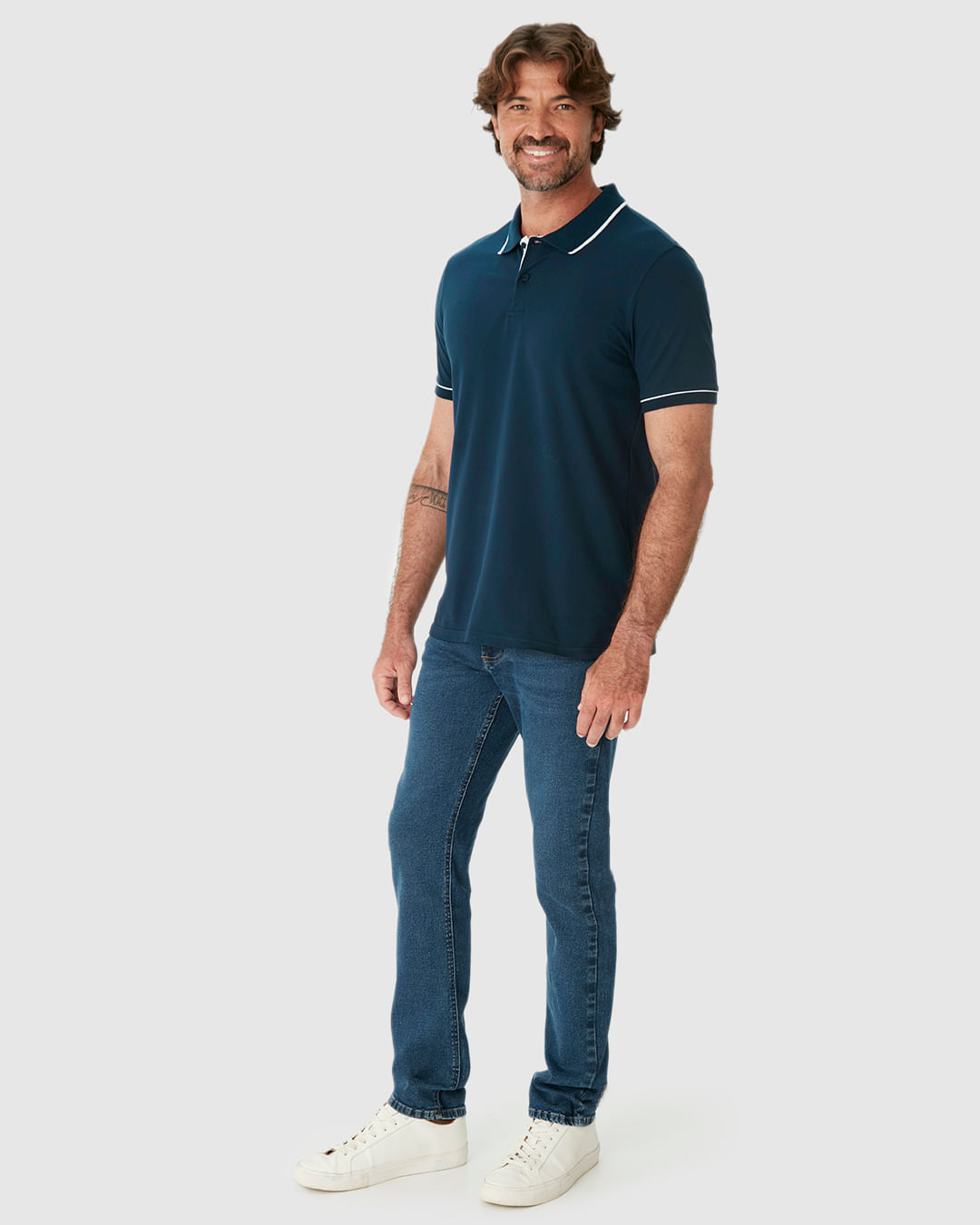 Camisa Polo Básica Masculina Detalhe Costura Contraste Em Piquet Stretch - Imagem 12