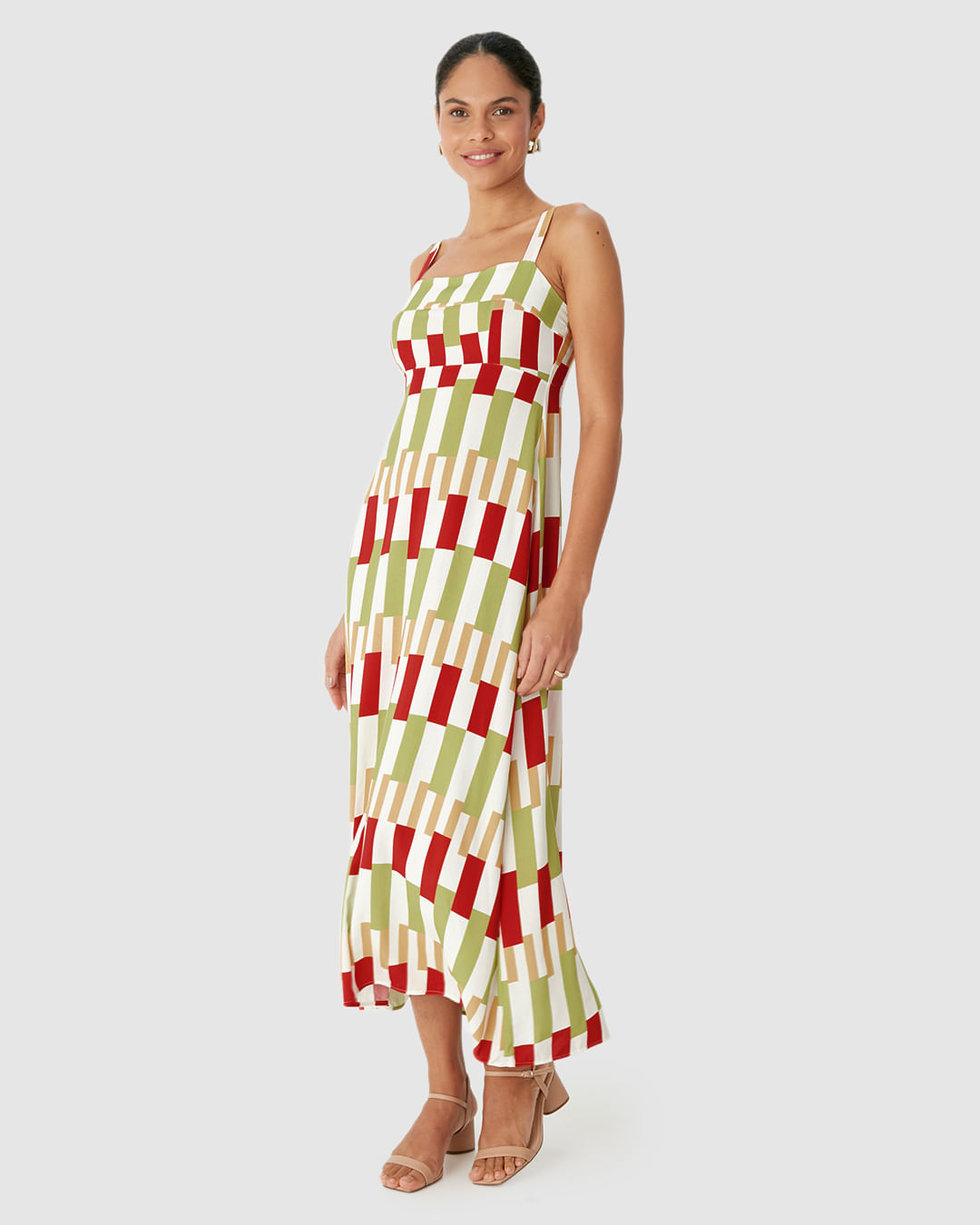 Vestido Midi Feminino Reto Acinturado Estampa Digital Em Viscose - Imagem 2