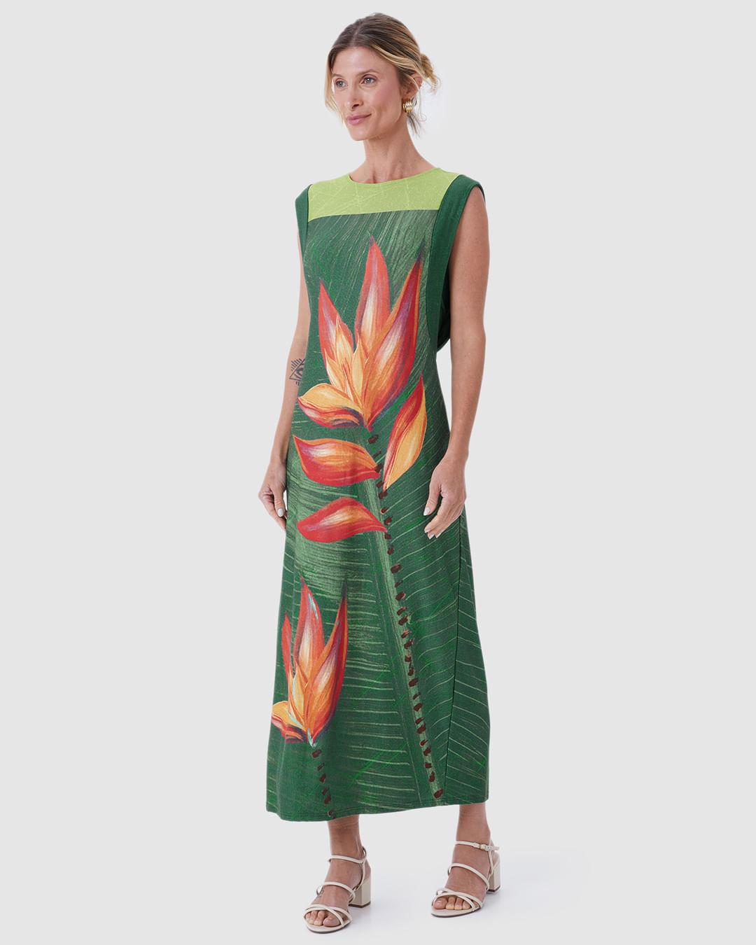 Vestido Midi Feminino Reto Estampado Em Malha Viscolinho Stretch - Imagem 2