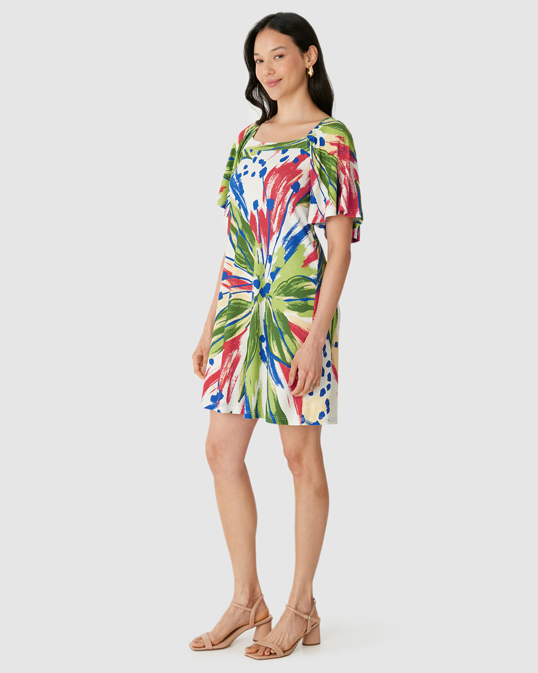 Vestido Feminino Decote Quadrado Manga Franzida Em Malha Viscose Canelada - Imagem 2