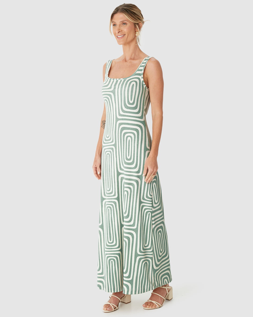 Vestido Midi Feminino Estampa Geométrica Decote Quadrado Em Ribana Linho - Imagem 12