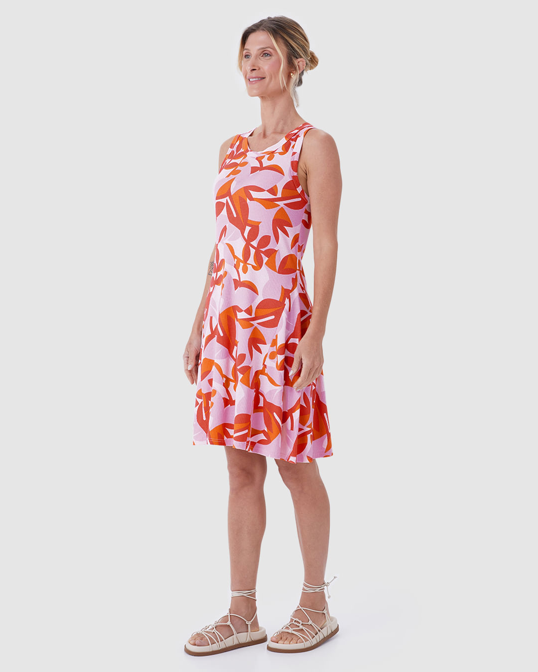 Vestido Feminino Evasê Sem Manga Estampa Folhagem Em Malha Viscose Canelada - Imagem 7