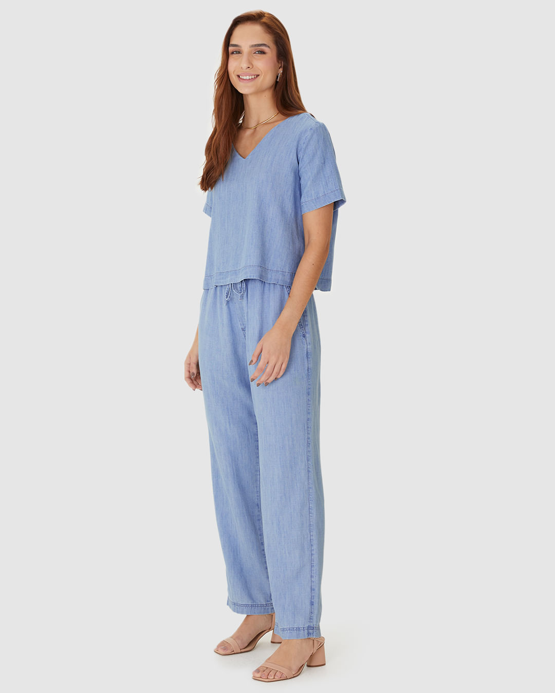 Blusa Box Feminina Decote V Manga Curta Em Jeans Leve - Imagem 17