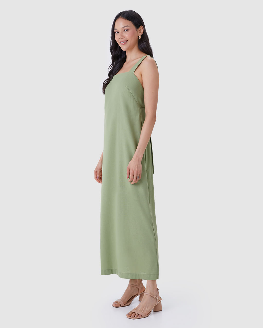 Vestido Midi Feminino Alça Com Aviamento Fenda Costas Em Viscolinho - Imagem 7