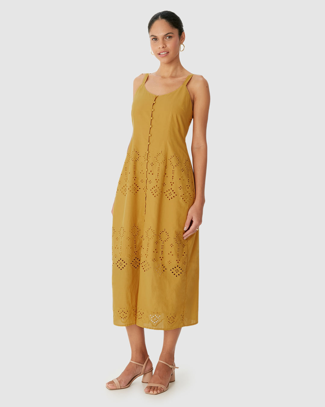 Vestido Midi Feminino Botões Frontais Detalhe Vazado Costas Em Laise Algodão - Imagem 2