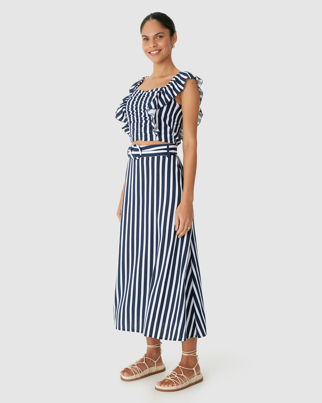 Saia Midi Feminina Acompanha Cinto Bolso Faca Em Viscolinho - Imagem 12