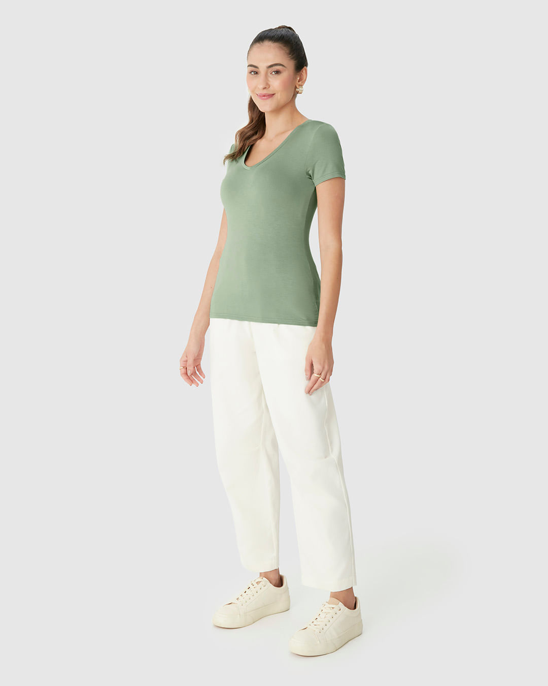 Blusa Básica Feminina Decote V Em Viscose Stretch - Imagem 7