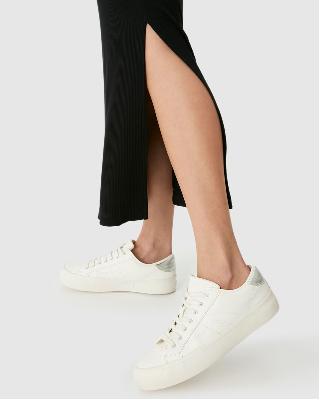 Saia Midi Feminina Básica Fenda Lateral Em Malha Viscose Canelada - Imagem 3