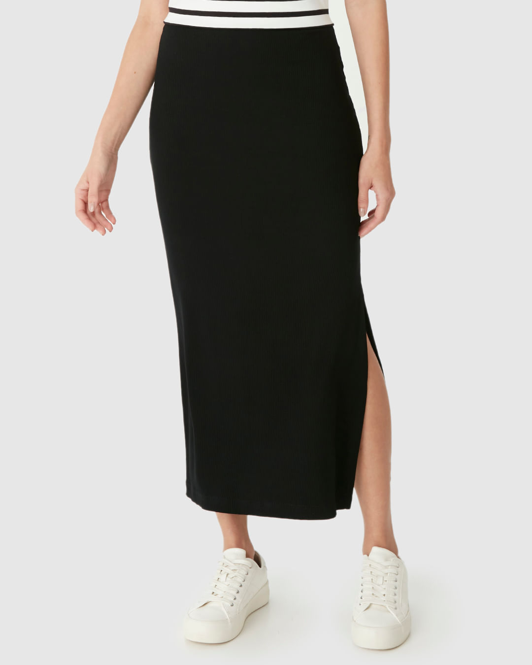 Saia Midi Feminina Básica Fenda Lateral Em Malha Viscose Canelada - Imagem 9