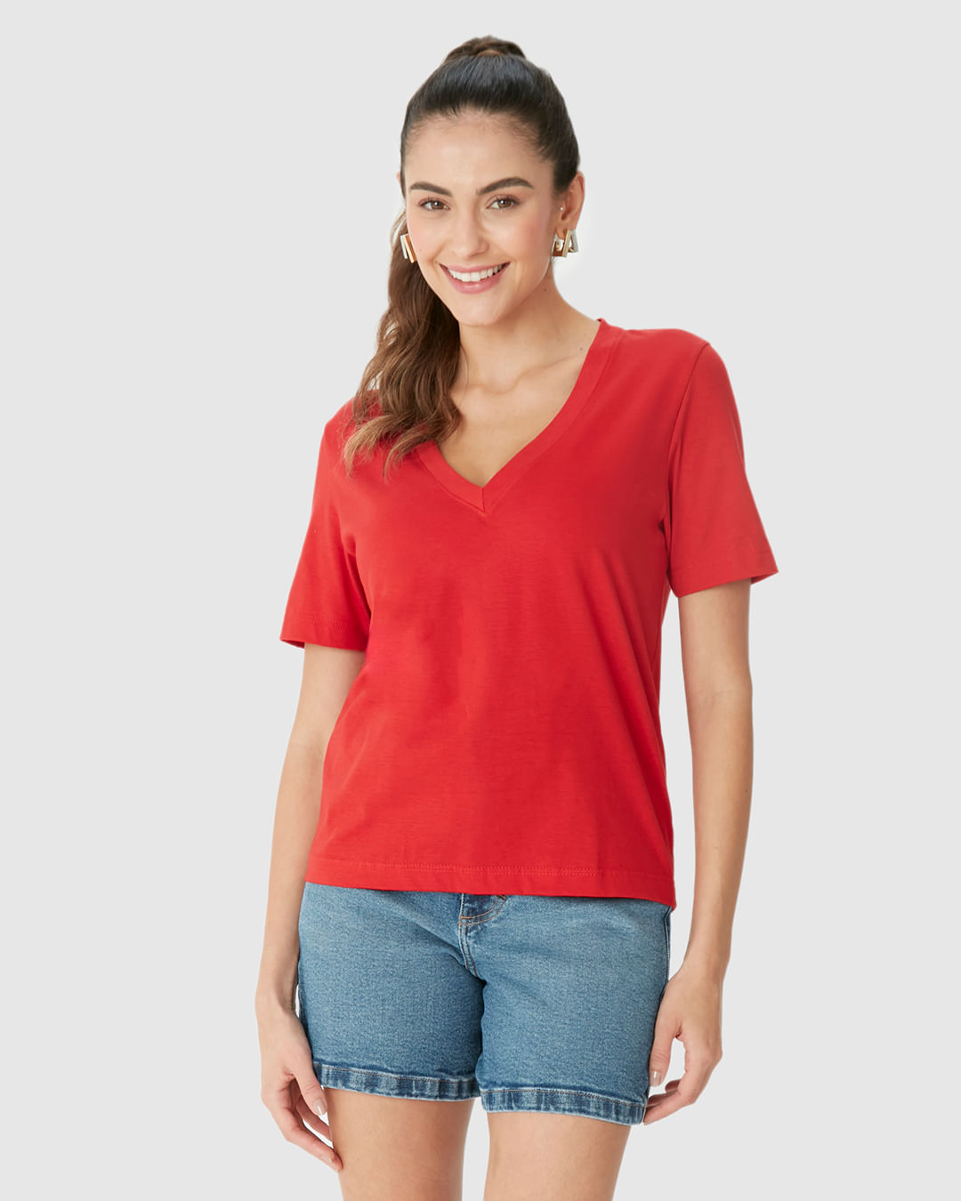 Blusa Básica Feminina Ampla Decote V Manga Curta Em Algodão - Imagem 29