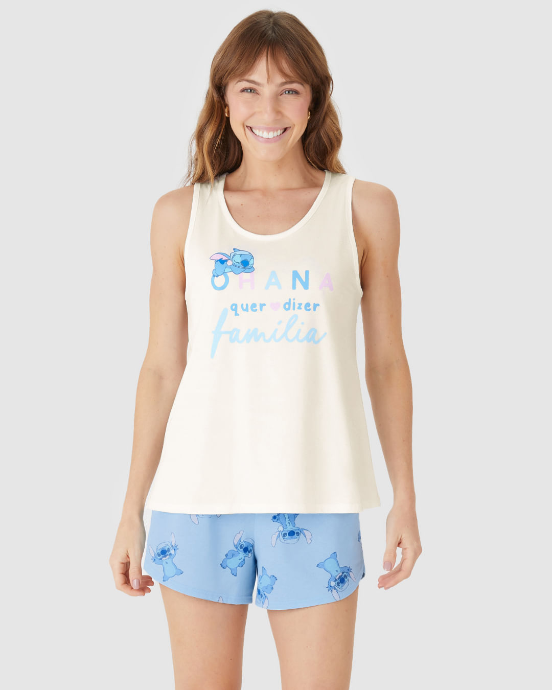 Pijama Curto Feminino Estampa Ohana Stitch E Angel Disney Em Algodão - Imagem 4