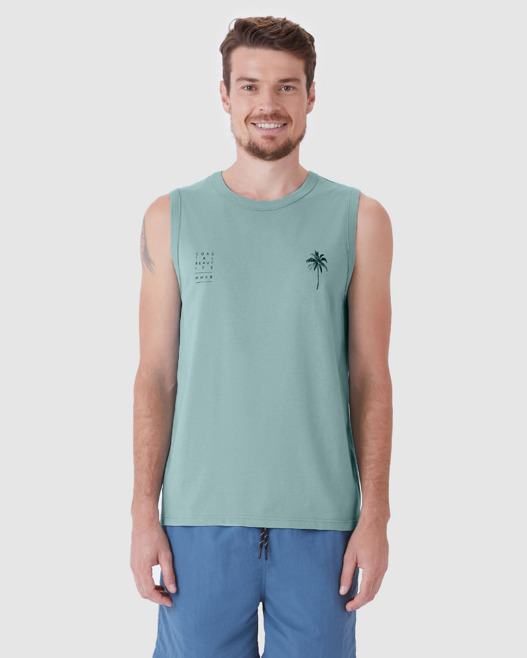 Regata Masculina Decote Redondo Alça Larga Estampa Frontal Em Algodão - Imagem 9