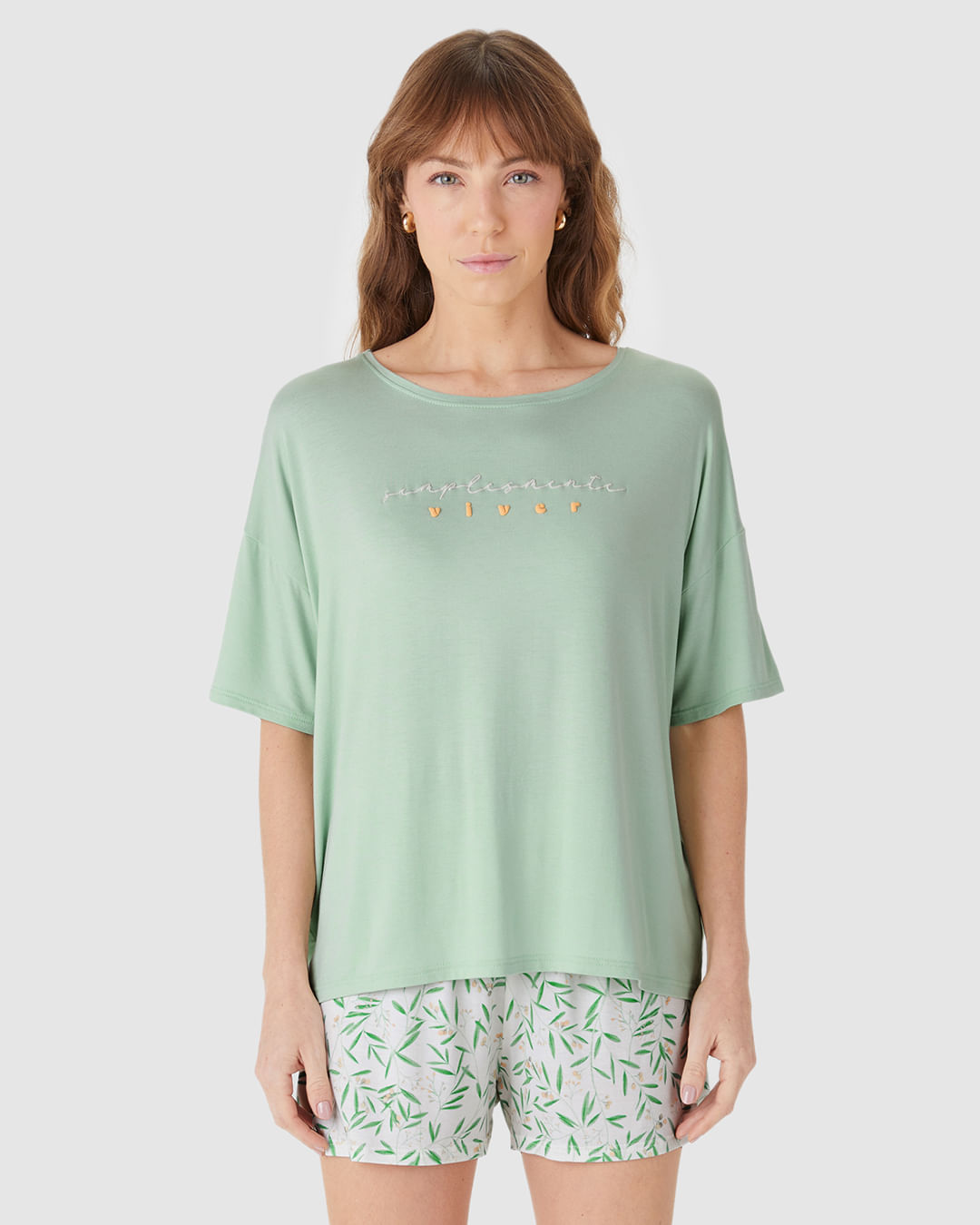 Pijama Curto Feminino Blusa Box Estampa Lettering Em Viscose Stretch - Imagem 9