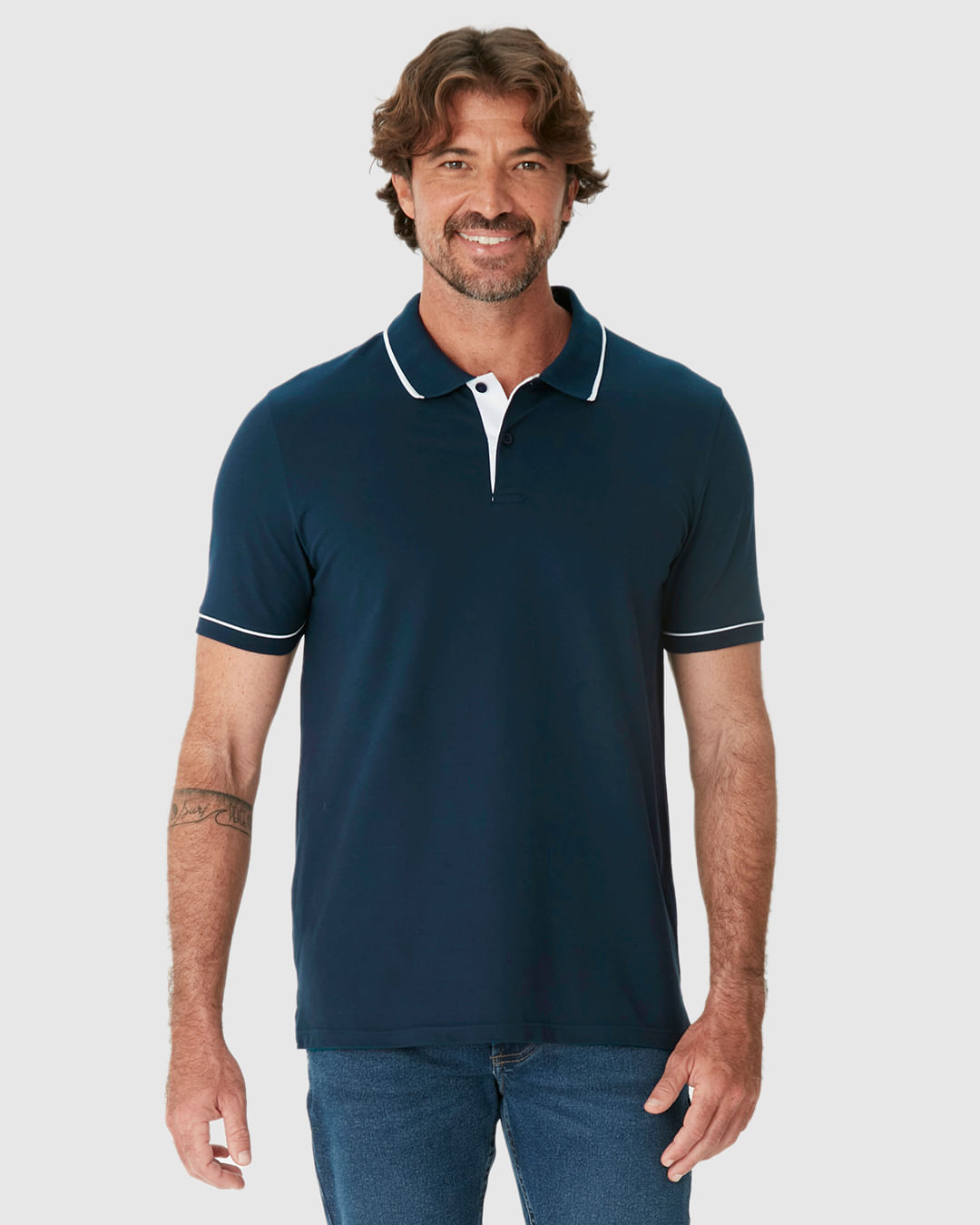 Camisa Polo Básica Masculina Detalhe Costura Contraste Em Piquet Stretch - Imagem 24