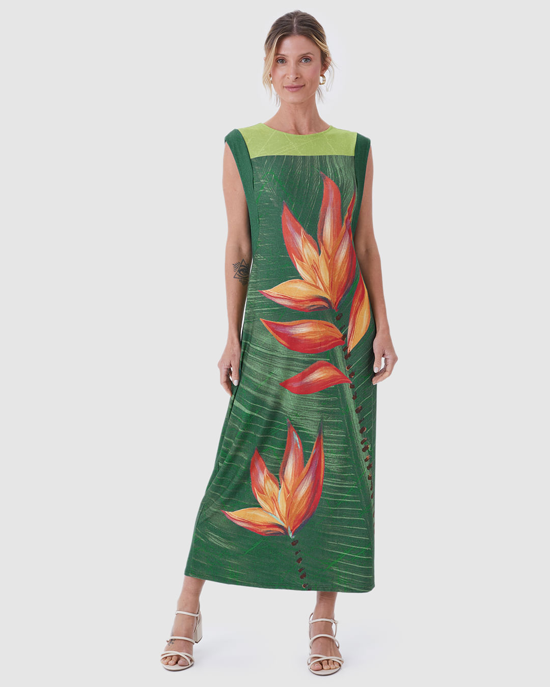 Vestido Midi Feminino Reto Estampado Em Malha Viscolinho Stretch - Imagem 4