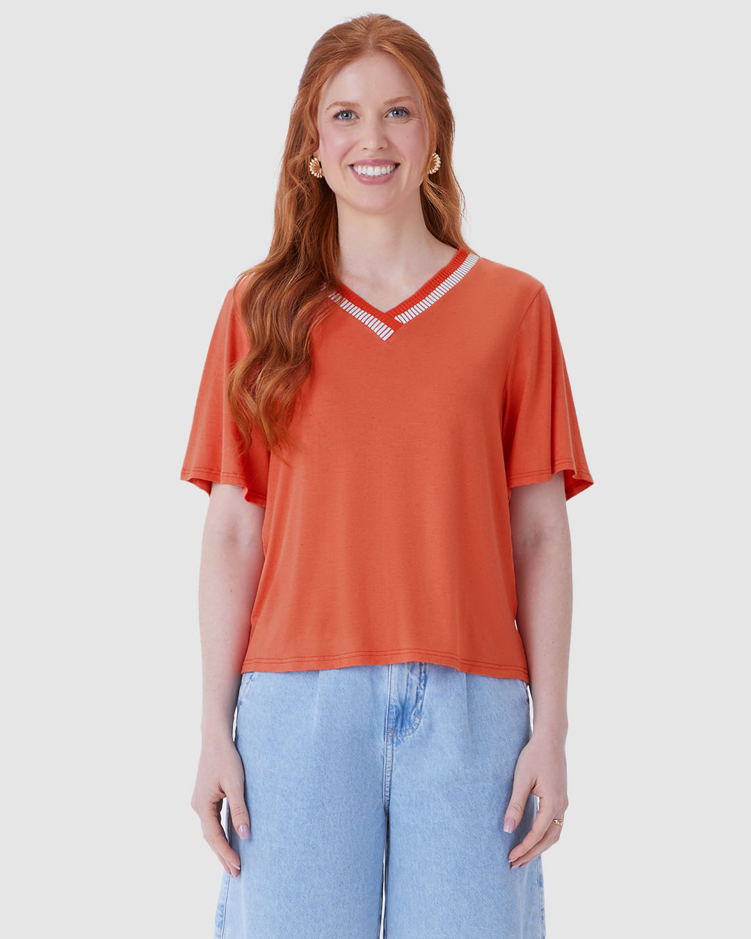Blusa Ampla Feminina Decote V Retilínea Em Malha Viscolinho Stretch - Imagem 14