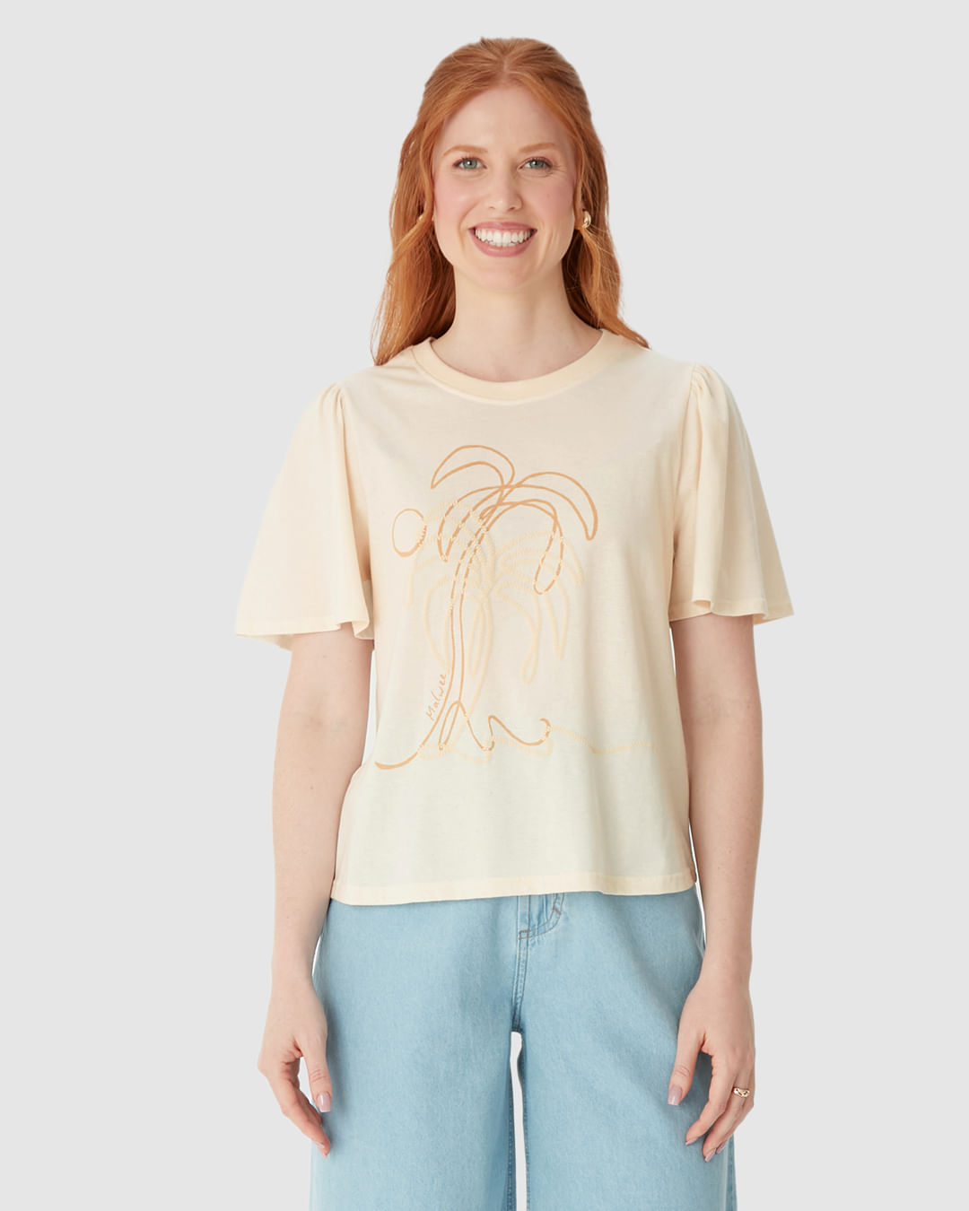 Camiseta Feminina Estampa Puff Alto Relevo Manga Franzida Em Algodão - Imagem 4