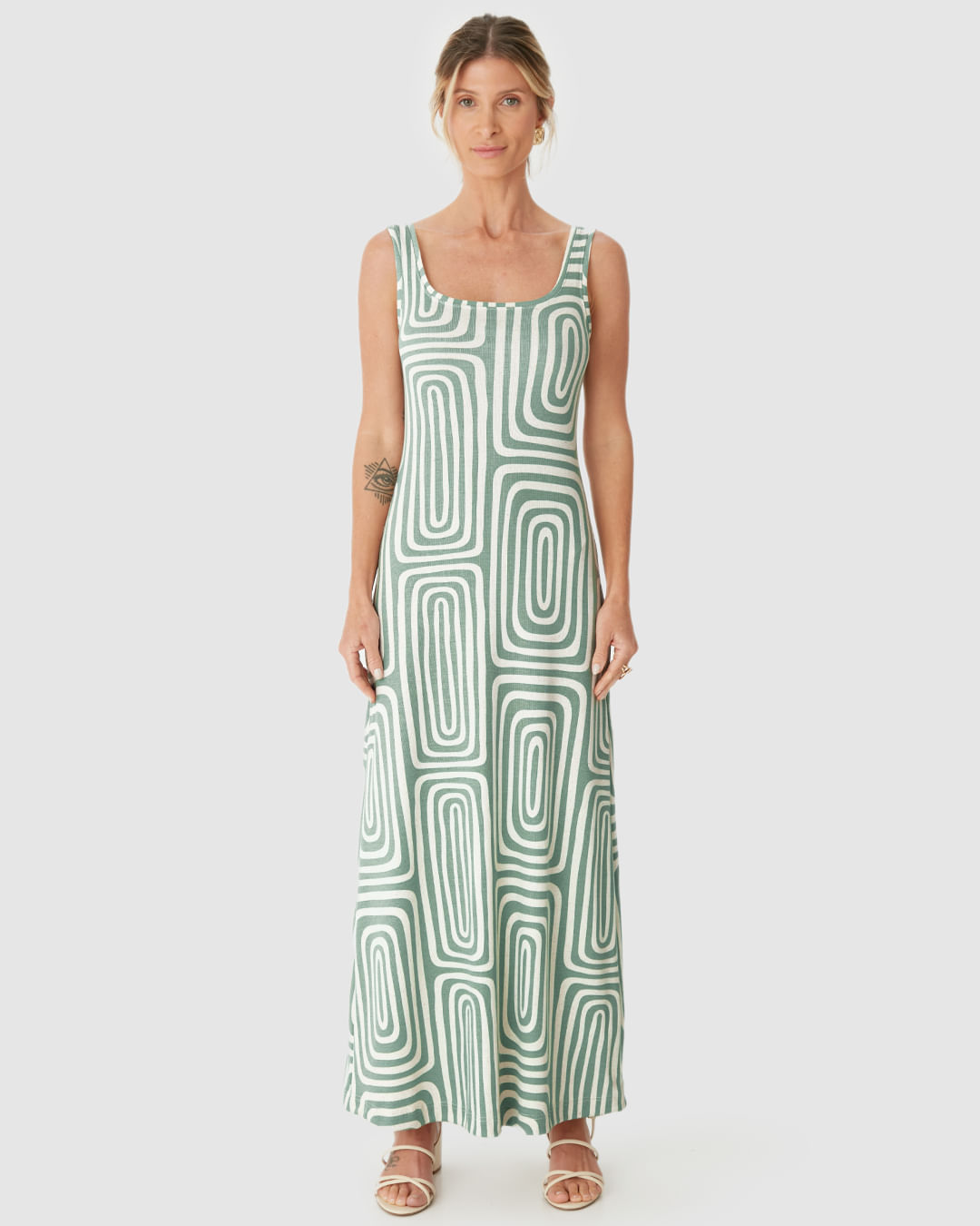 Vestido Midi Feminino Estampa Geométrica Decote Quadrado Em Ribana Linho - Imagem 19