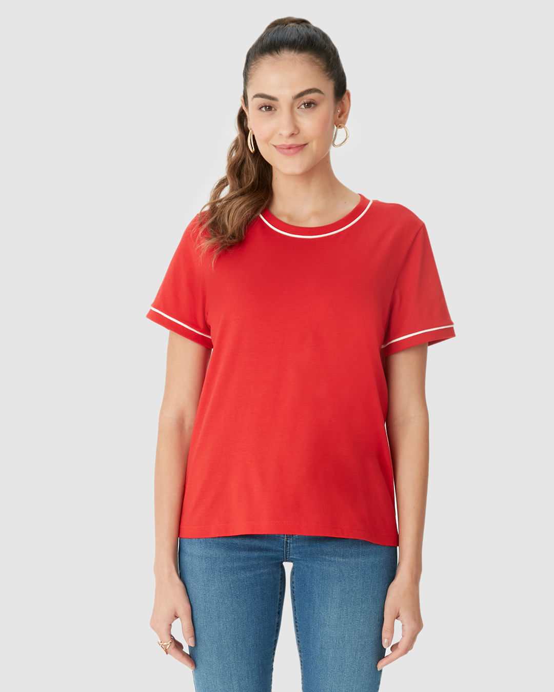 Blusa Básica Feminina Decote Redondo Costura Contraste Em Algodão - Imagem 9