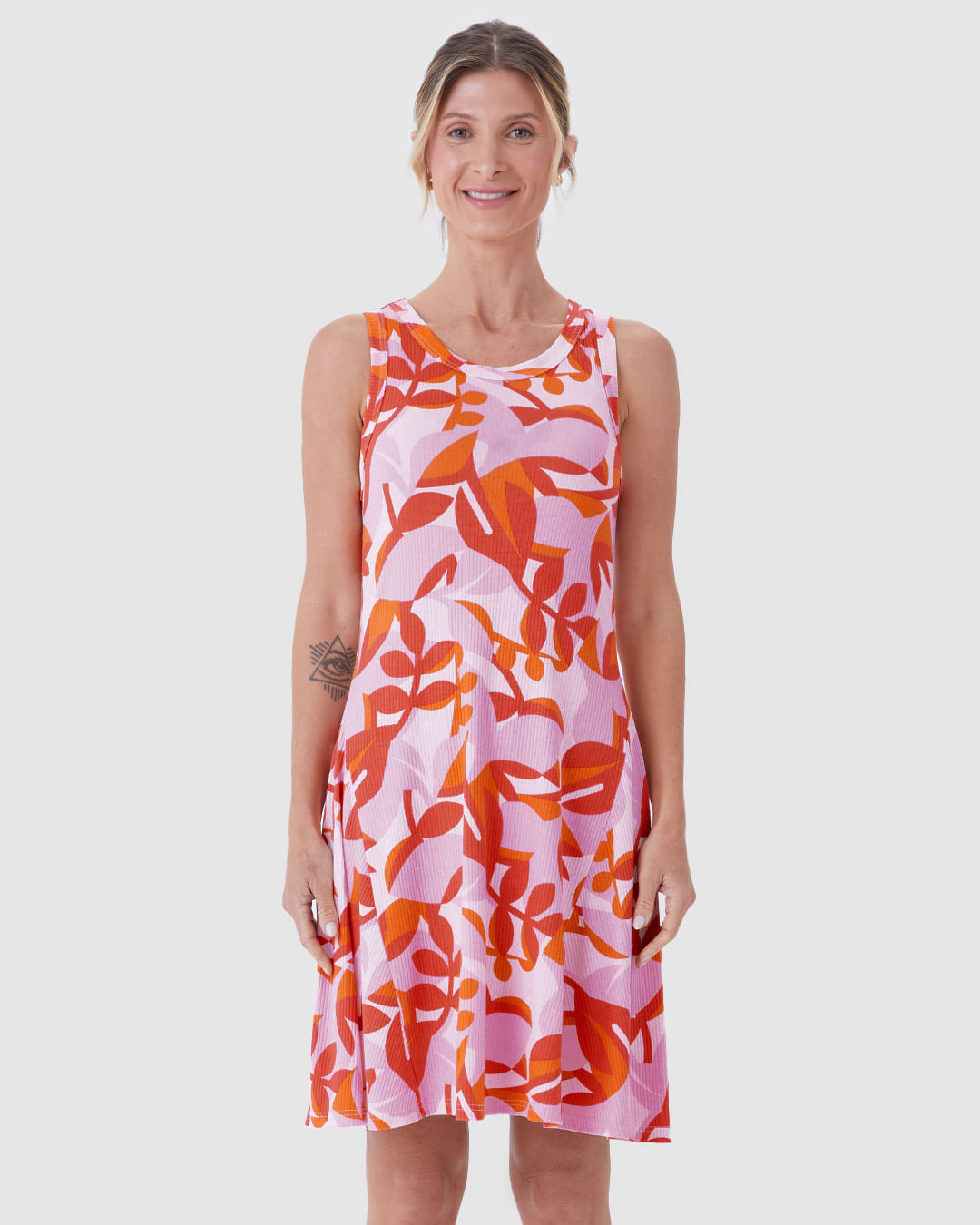 Vestido Feminino Evasê Sem Manga Estampa Folhagem Em Malha Viscose Canelada - Imagem 19