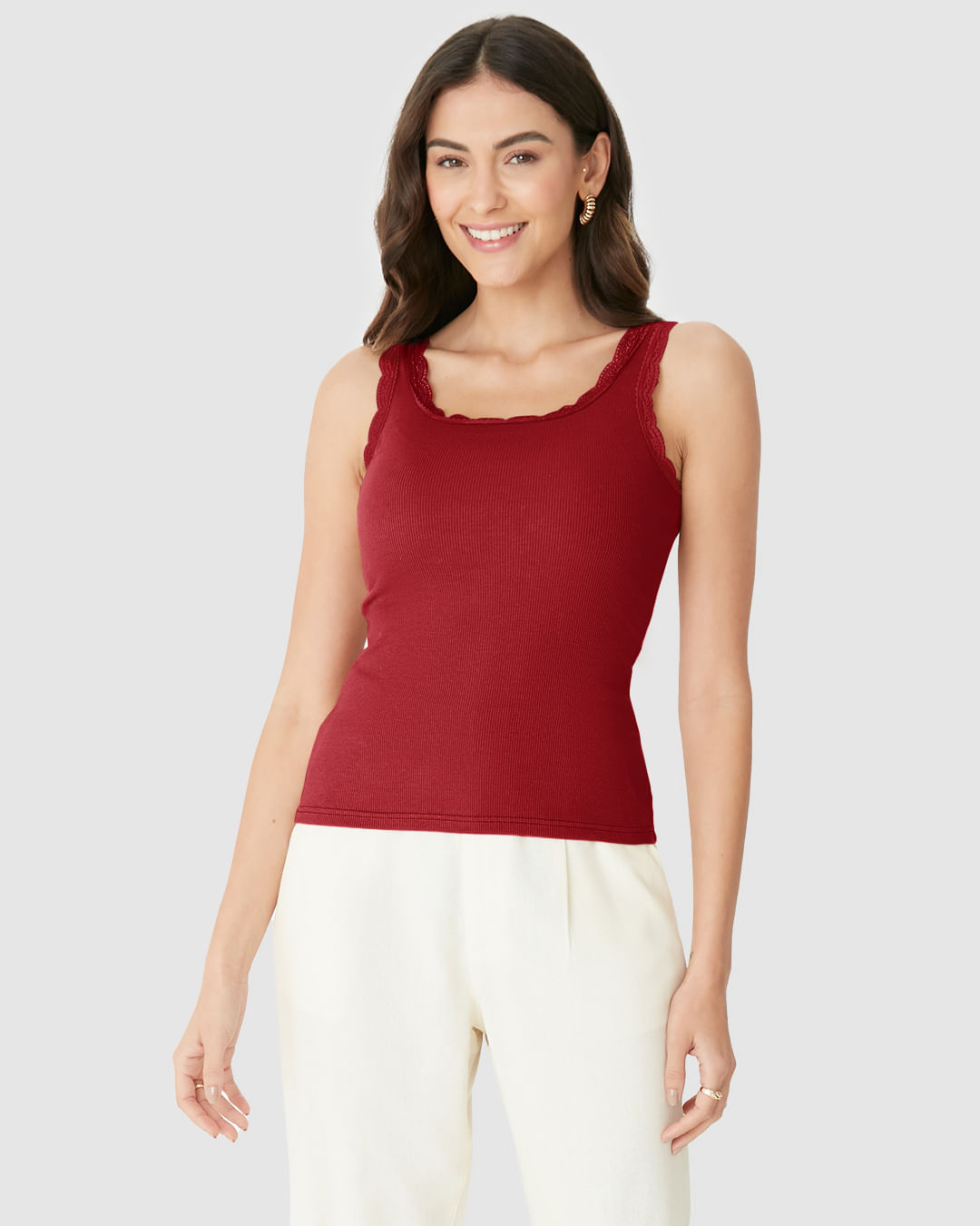 Regata Básica Feminina Detalhe Costura Renda Em Ribana - Imagem 19