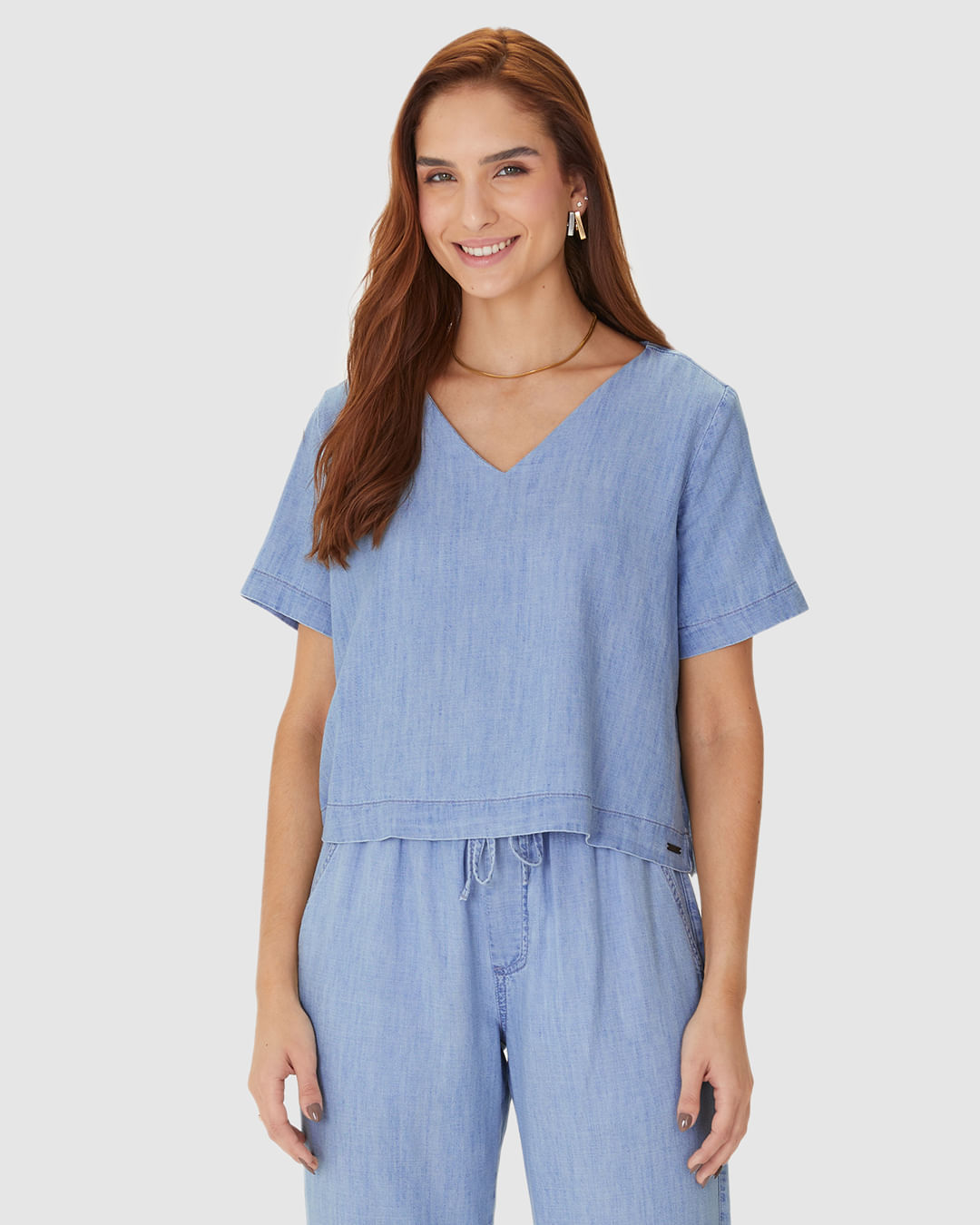 Blusa Box Feminina Decote V Manga Curta Em Jeans Leve - Imagem 4