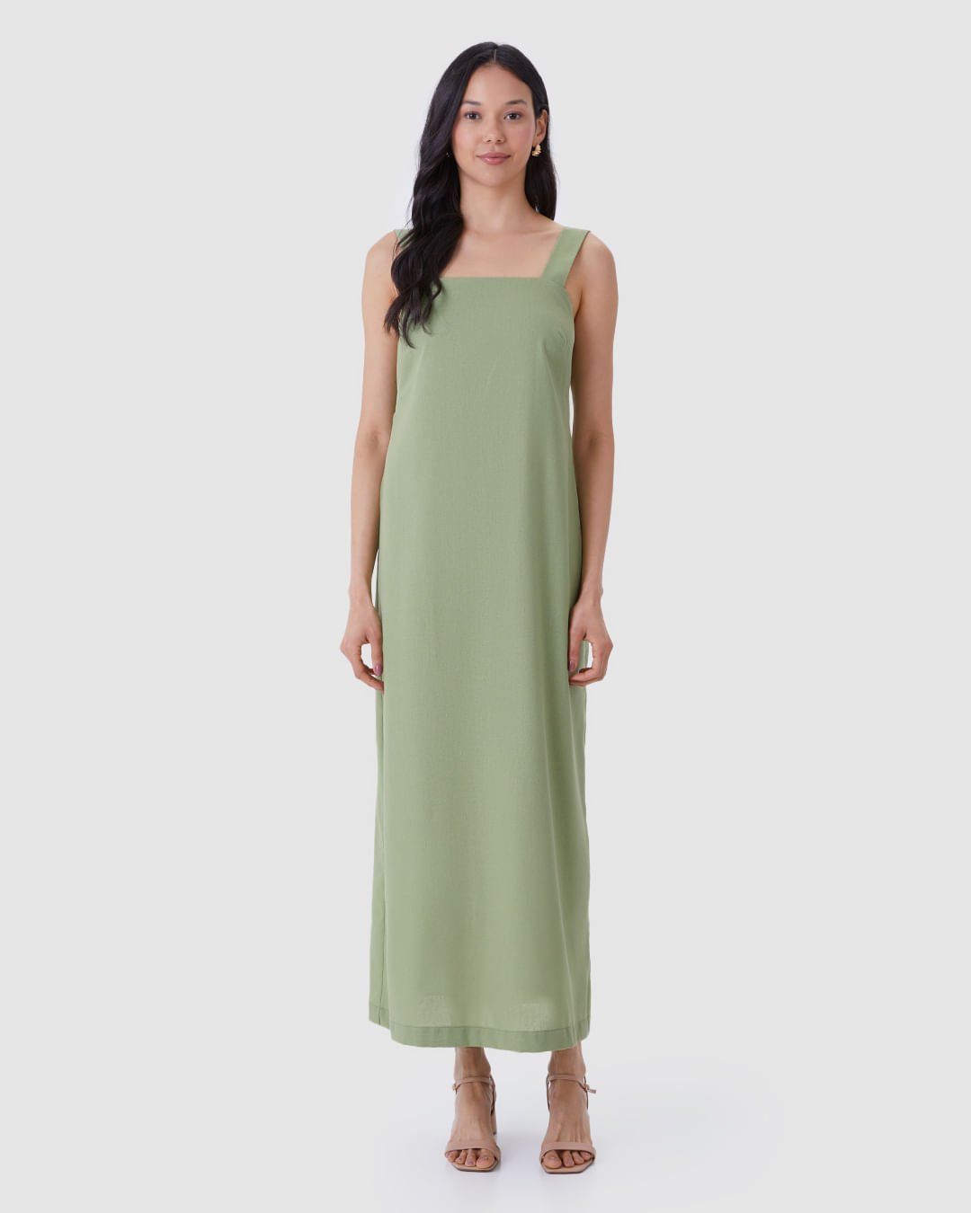 Vestido Midi Feminino Alça Com Aviamento Fenda Costas Em Viscolinho - Imagem 4