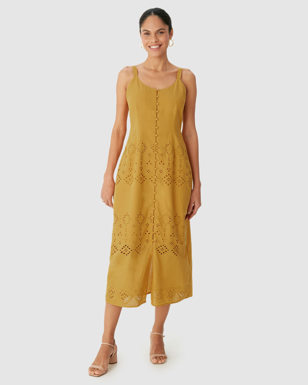 Vestido Midi Feminino Botões Frontais Detalhe Vazado Costas Em Laise Algodão - Imagem 4