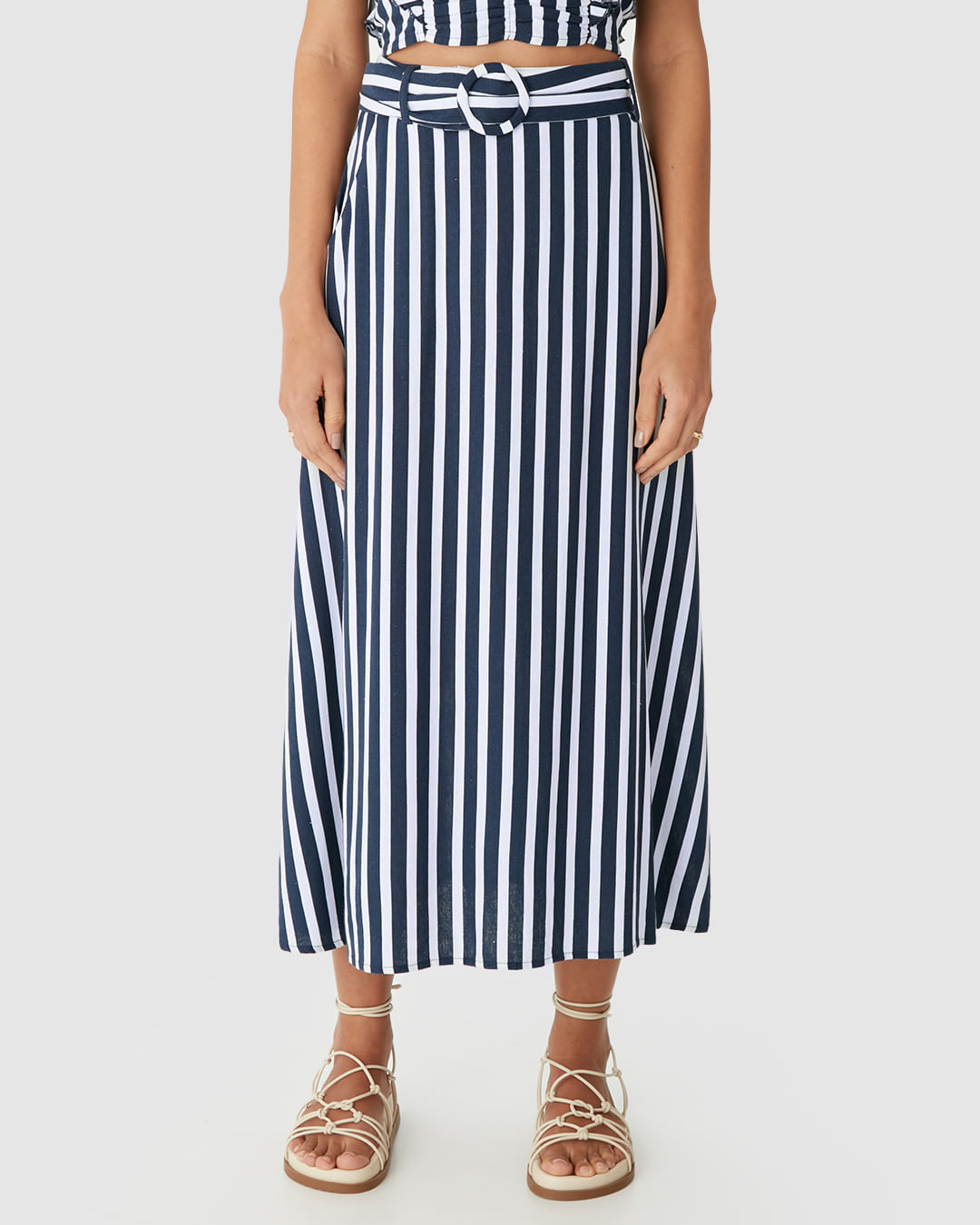 Saia Midi Feminina Acompanha Cinto Bolso Faca Em Viscolinho - Imagem 4